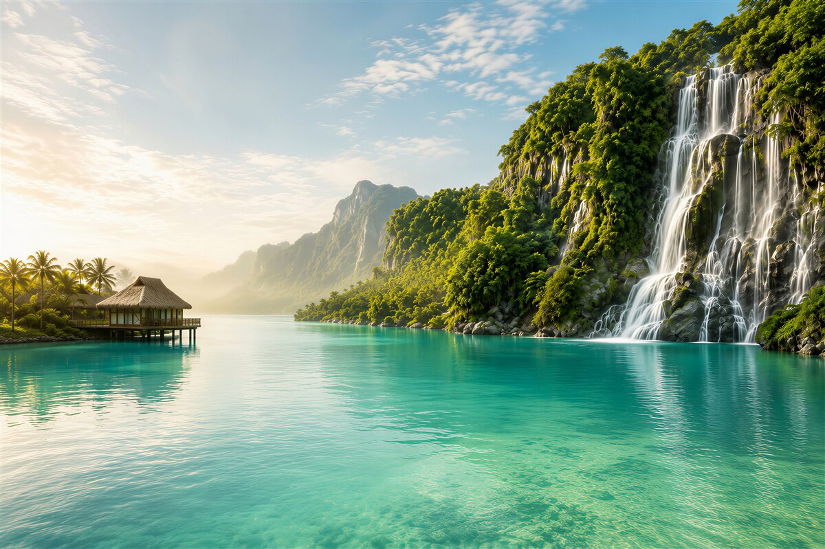Fotobehang tropische waterval boven een turquoise lagune met bungalow