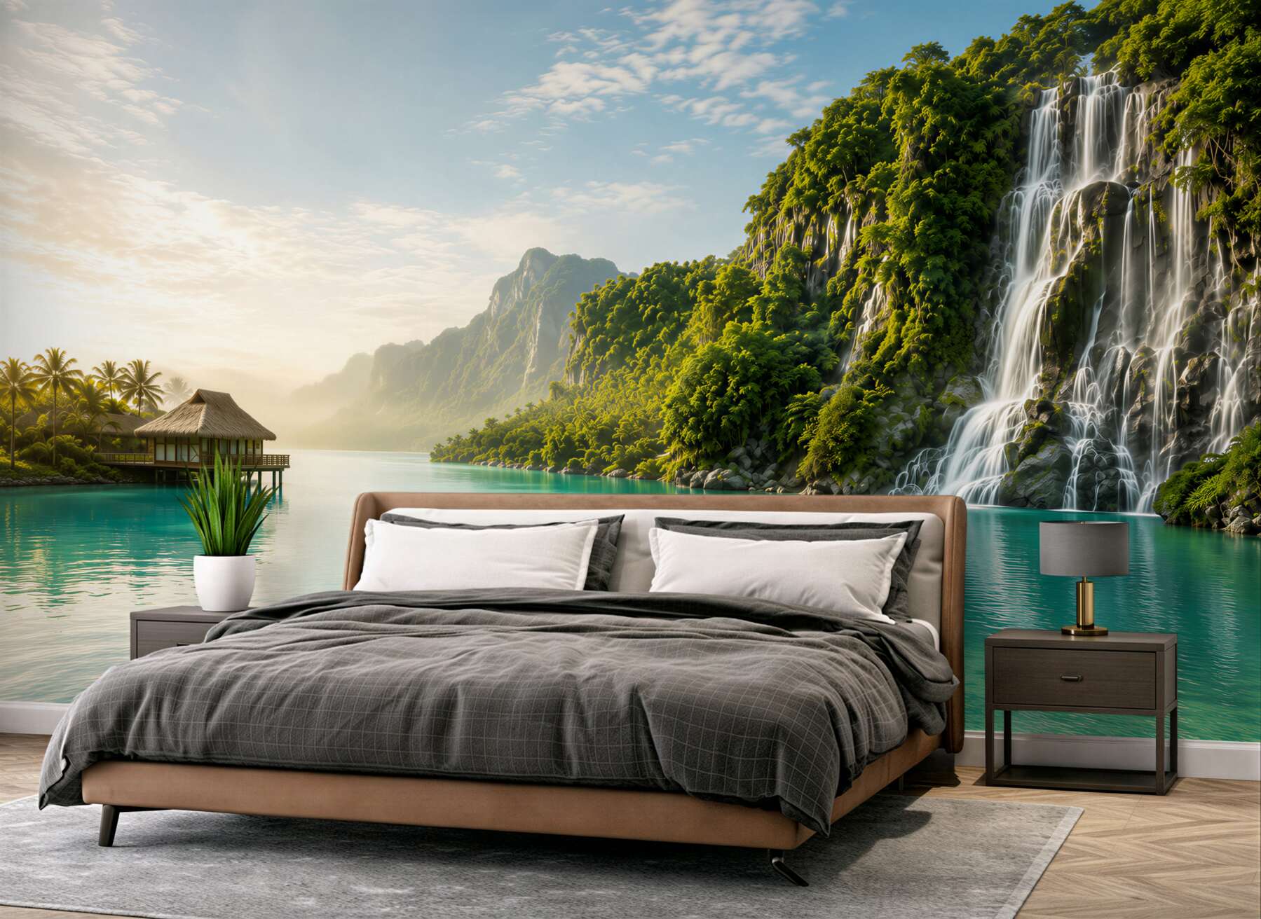 Fotobehang tropische waterval boven een turquoise lagune met bungalow
