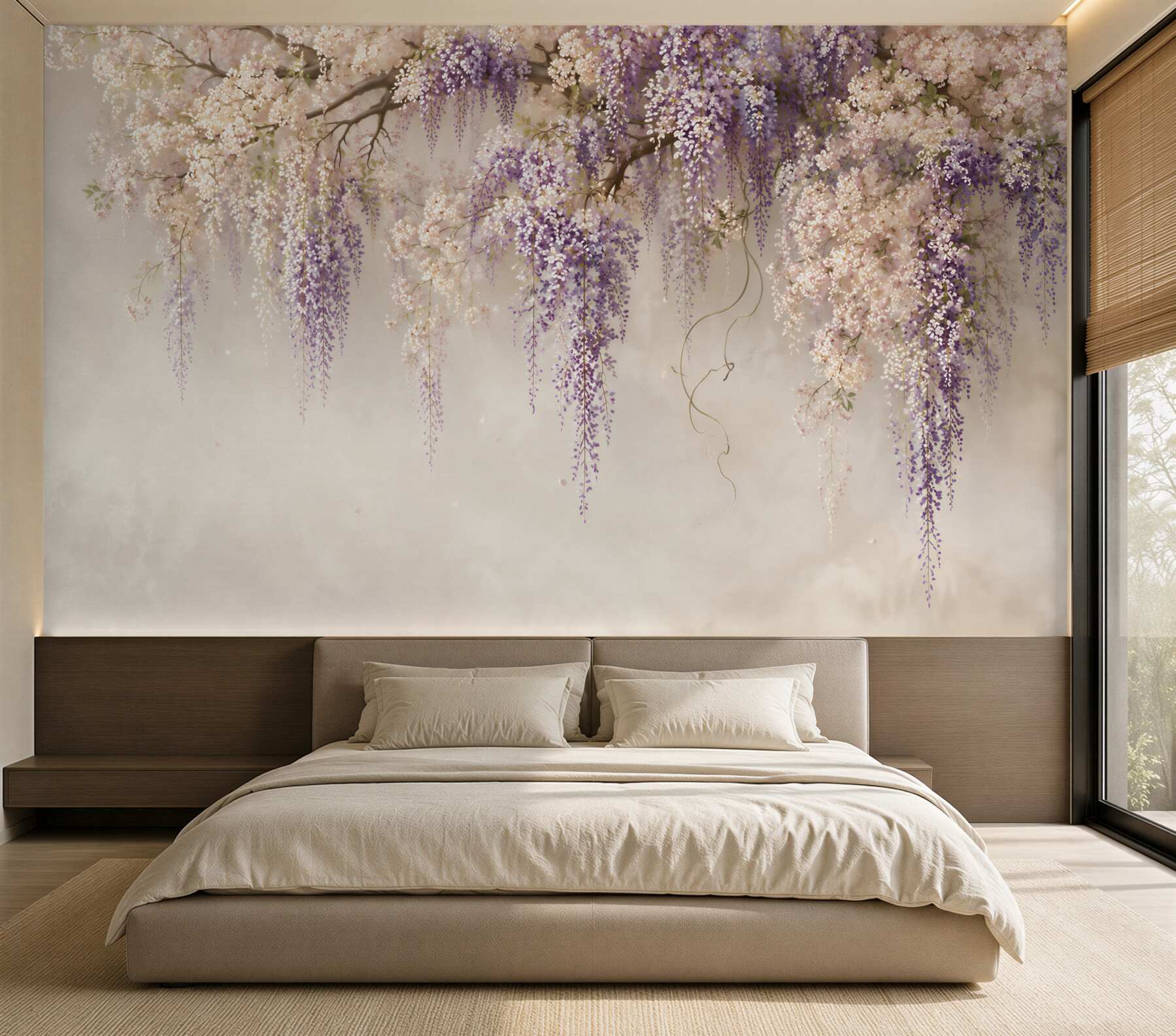 Fotobehang bloeiende wisteria wit-paars romantisch