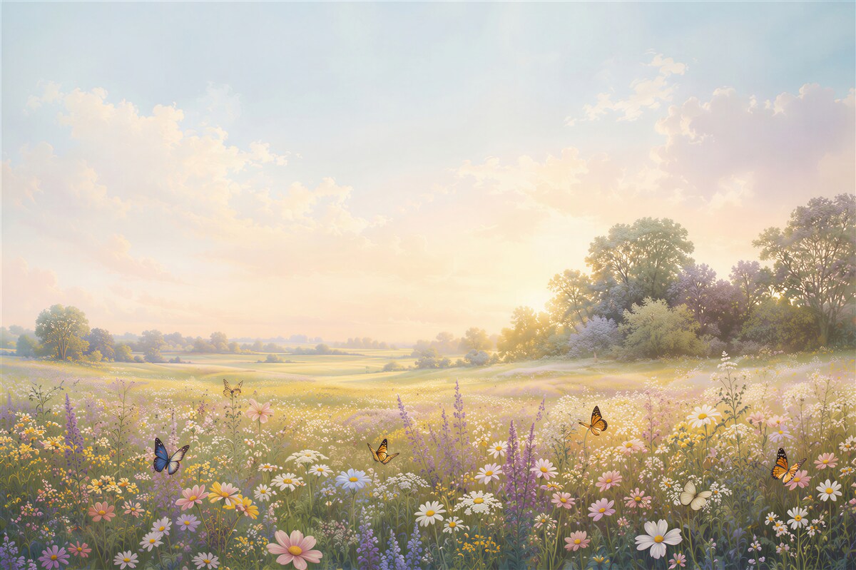 Fotobehang bloeiende weide met vlinders bij zonsopgang