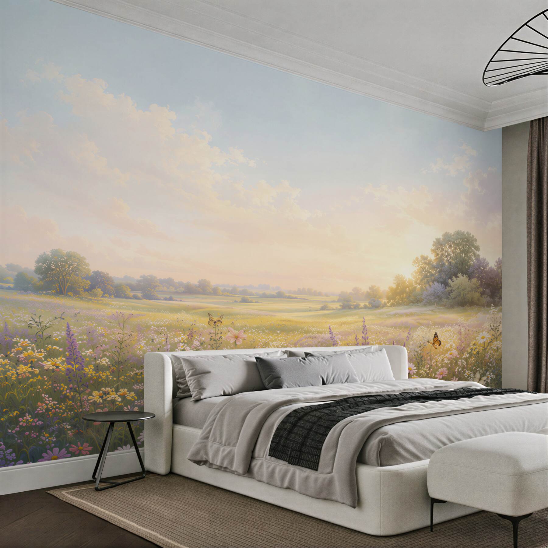 Fotobehang bloeiende weide met vlinders bij zonsopgang