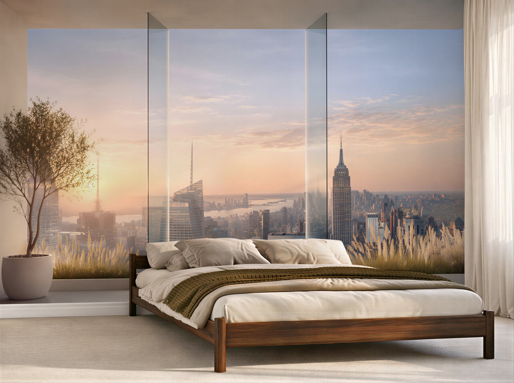 Fotobehang stads panorama bij zonsopgang voor een moderne woonkamer