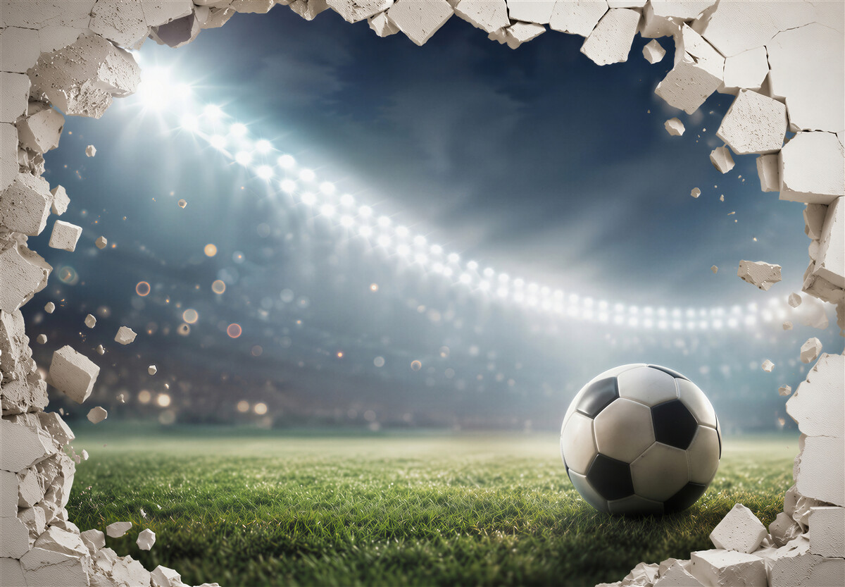 Fotobehang voetbal in het stadion met het effect van een gebroken muur