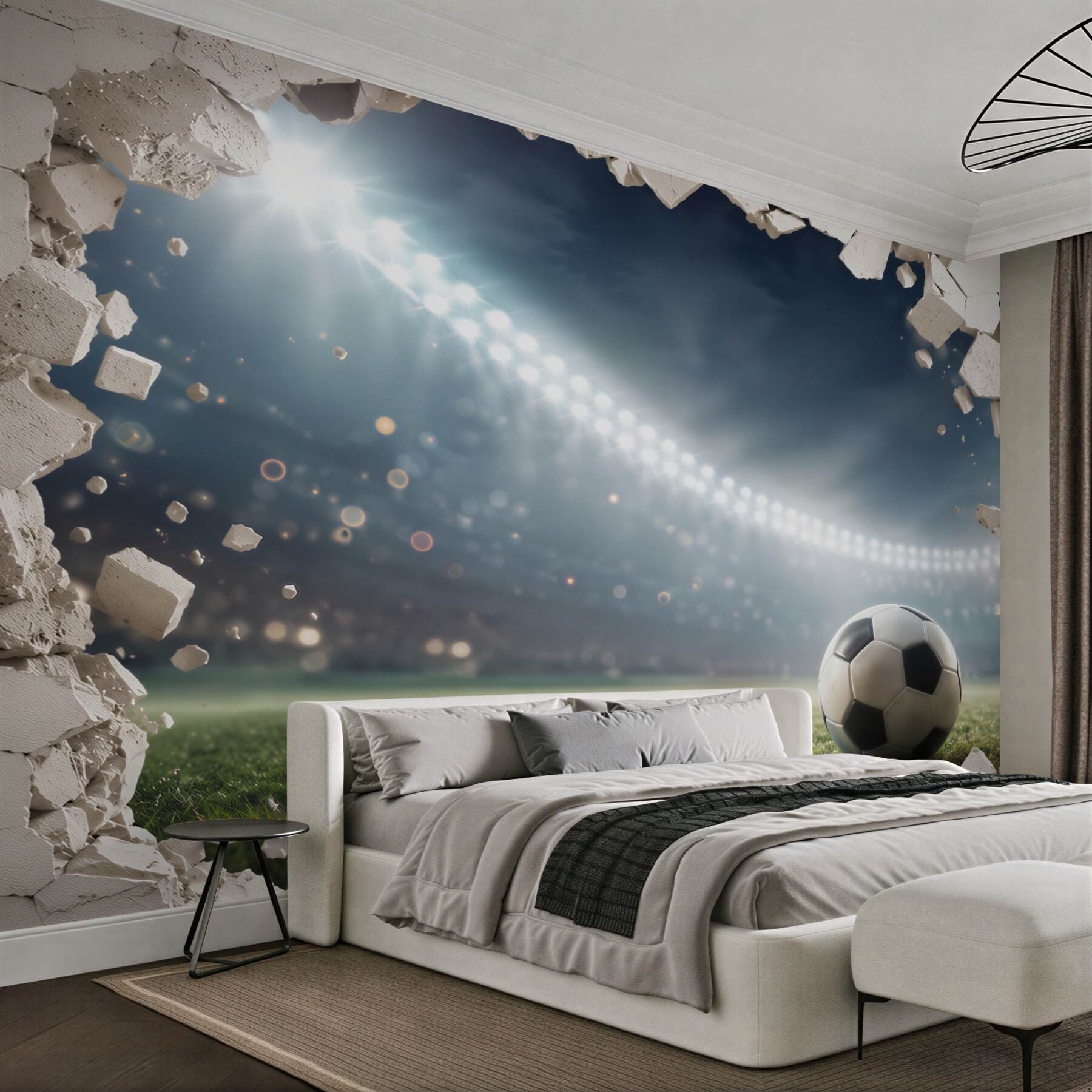 Fotobehang voetbal in het stadion met het effect van een gebroken muur