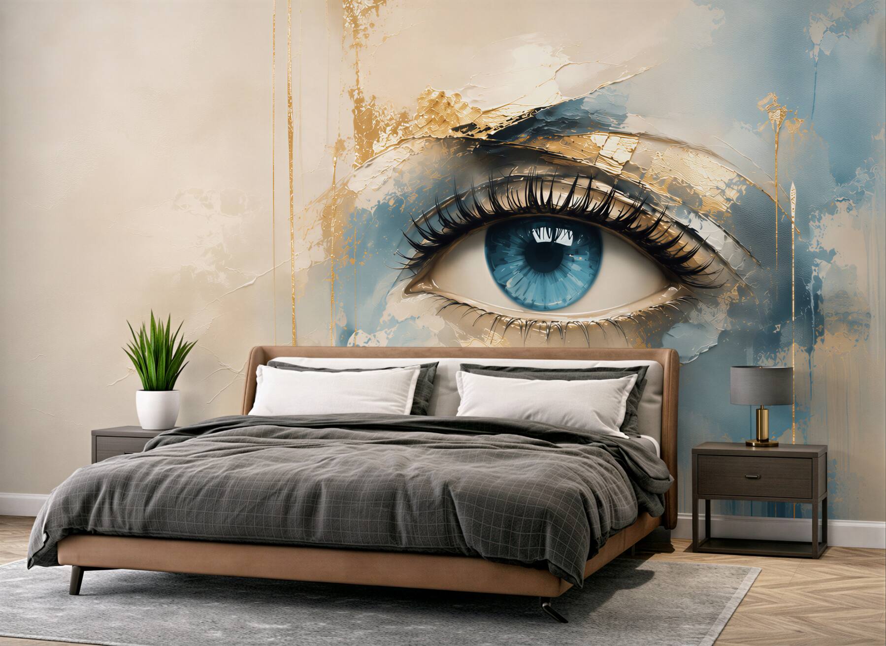 Fotobehang blauwe oog in aquarelstijl met gouden accenten