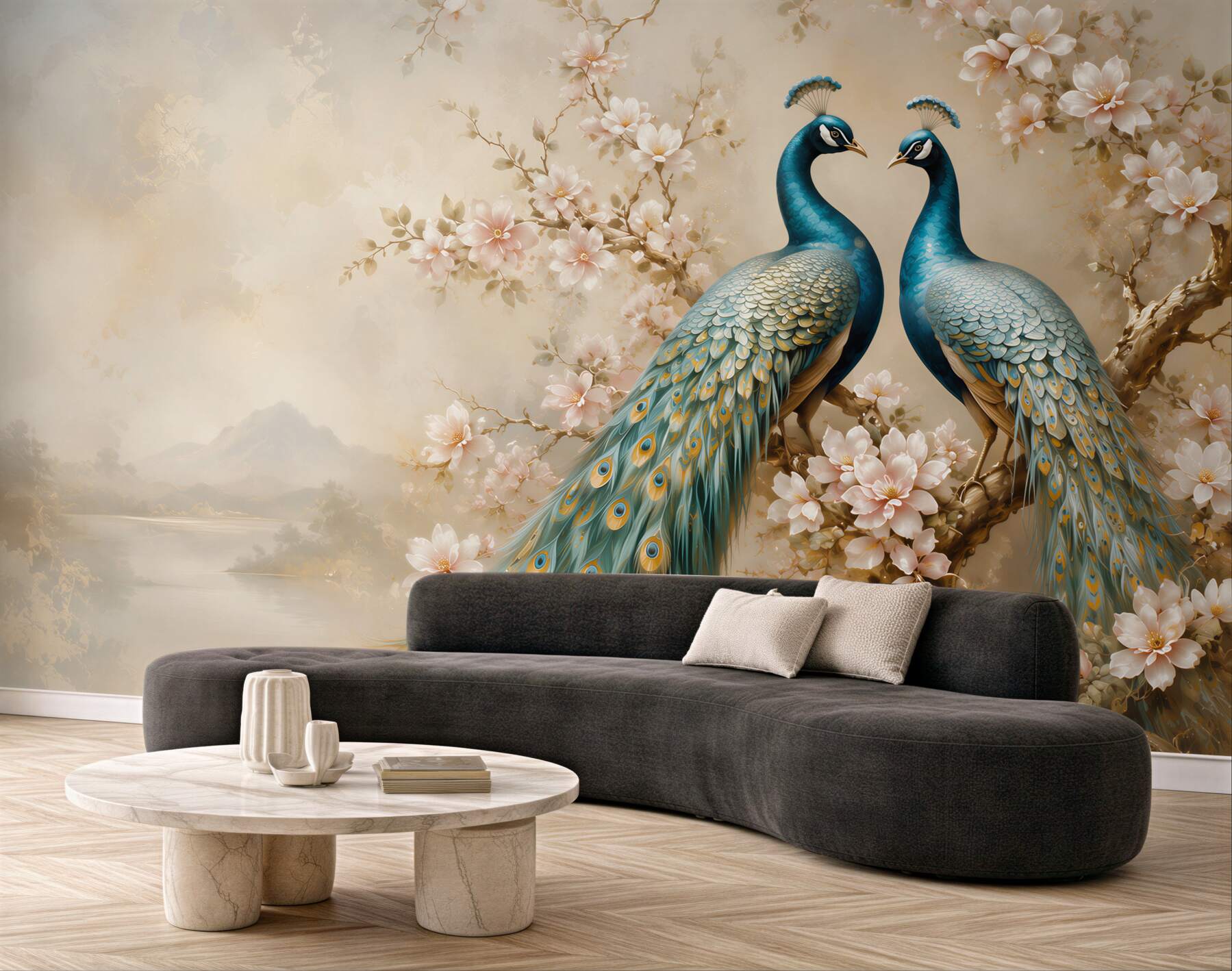 Fotobehang pauwen op een bloeiende tak romantisch in beige en blauw