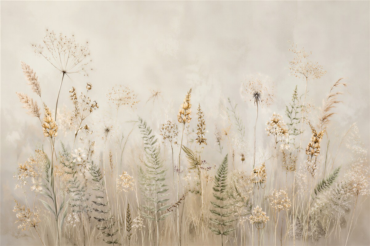 Fotobehang veldbloemen en beige gras in romantische stijl
