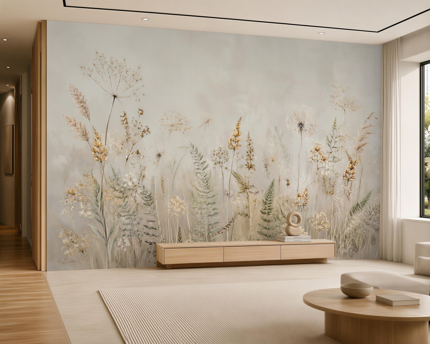 Fotobehang veldbloemen en beige gras in romantische stijl