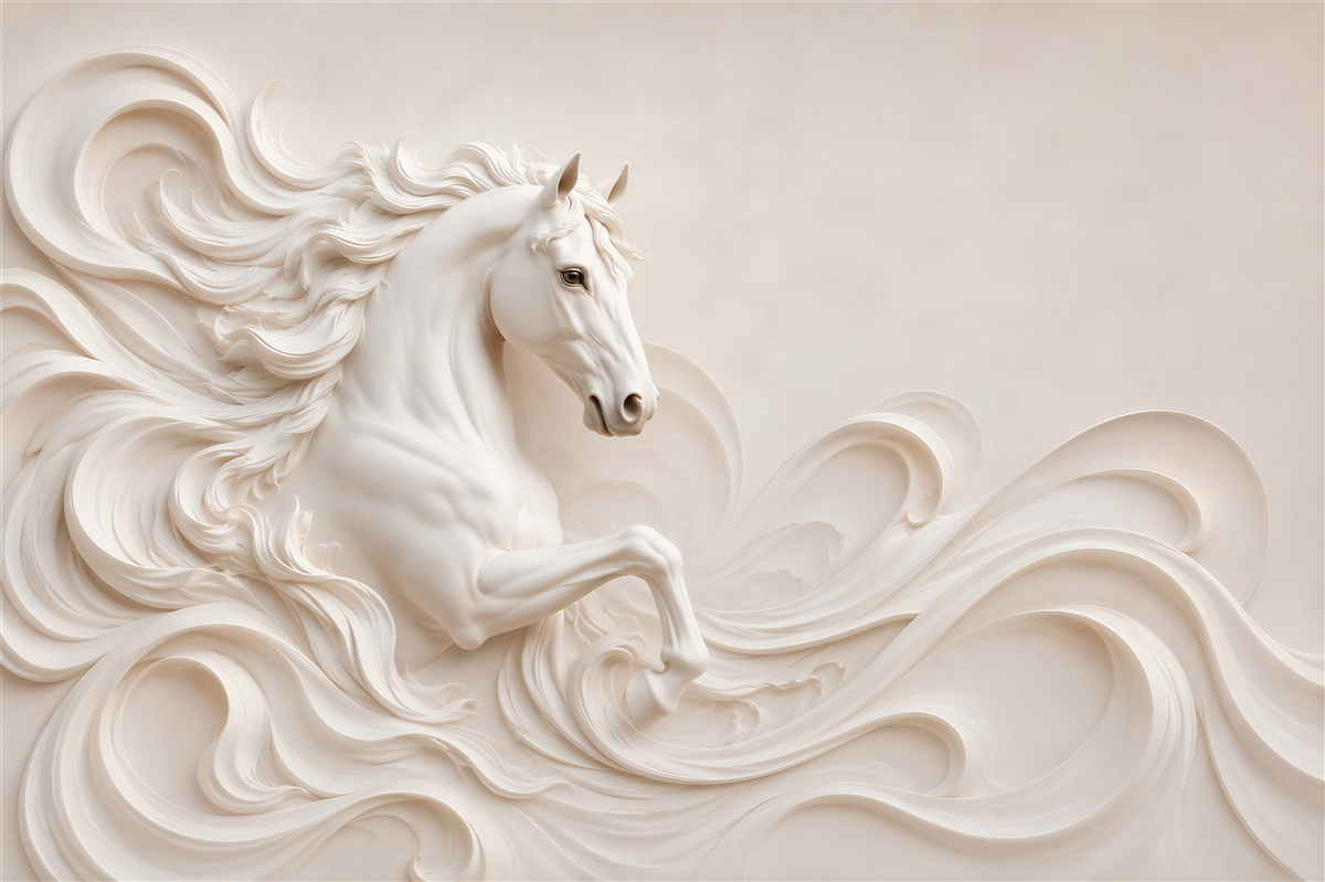 Fotobehang wit paard 3D in de golven elegante wanddecoratie