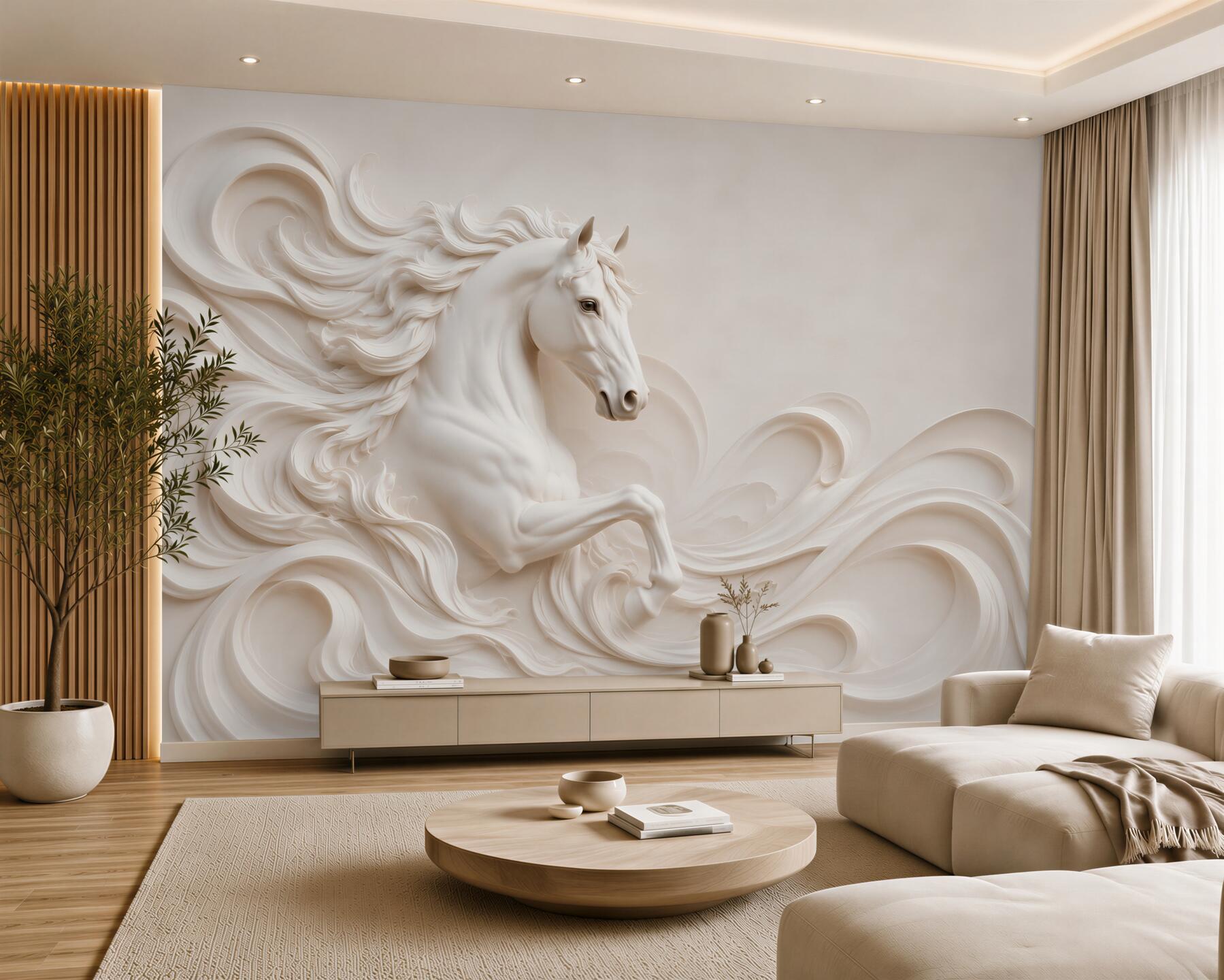 Fotobehang wit paard 3D in de golven elegante wanddecoratie