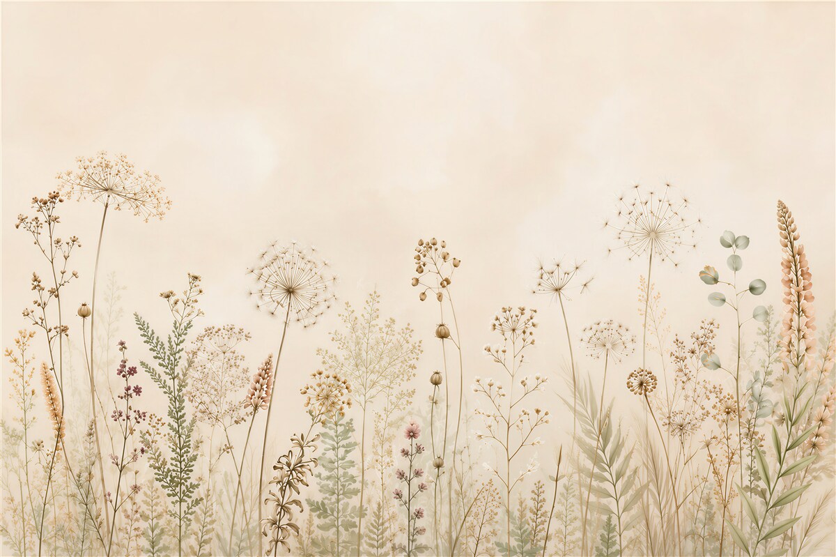 Fotobehang weiland met paardenbloemen en wilde planten in beige