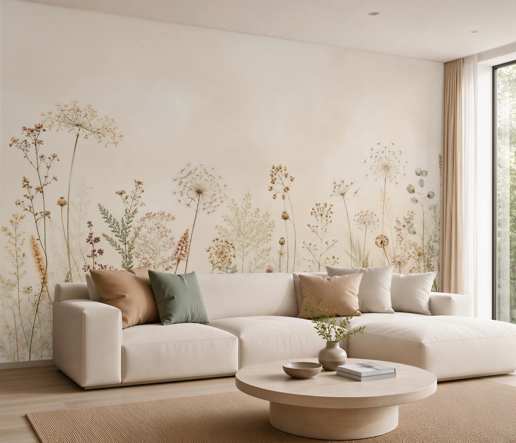 Fotobehang weiland met paardenbloemen en wilde planten in beige