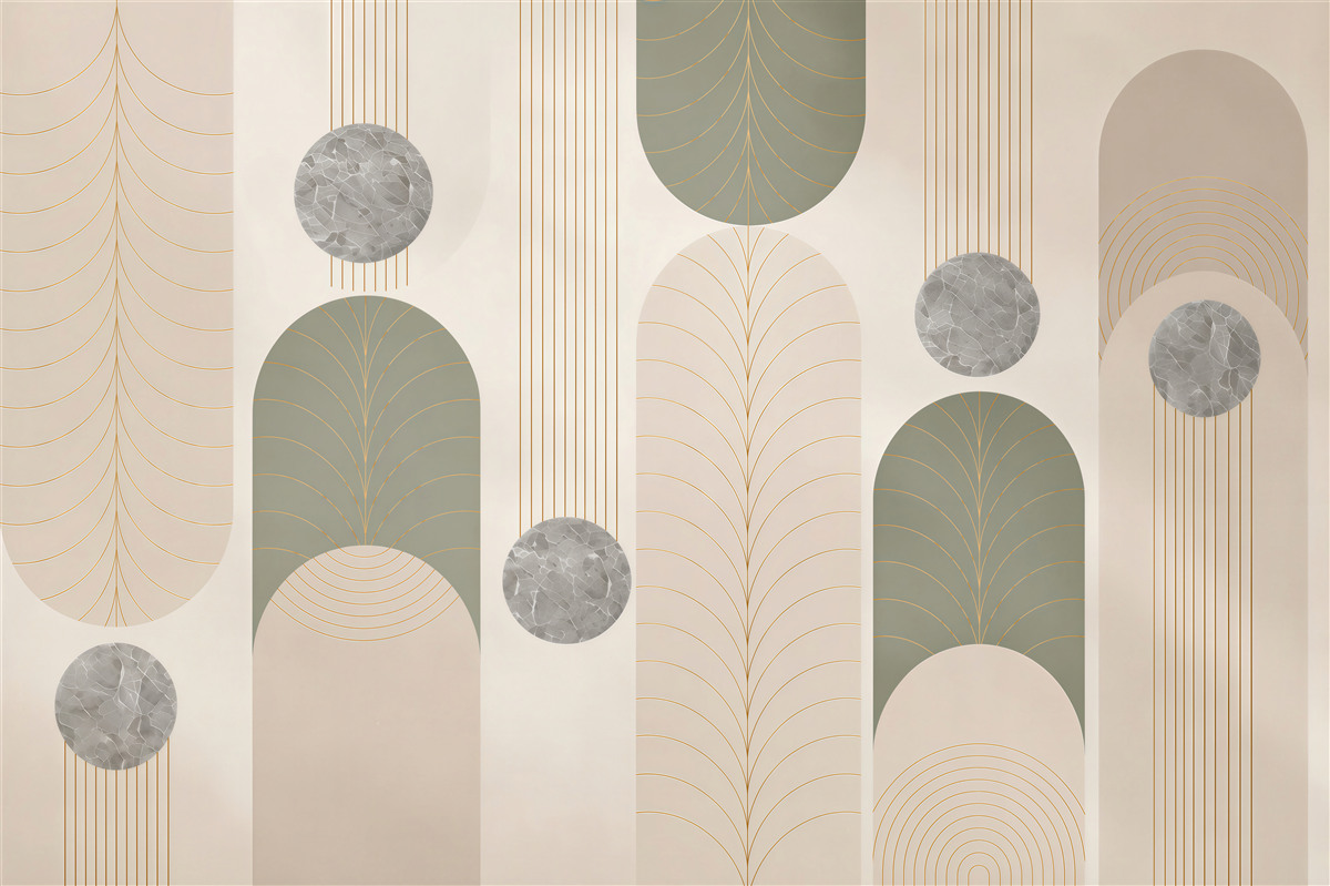 Fotobehang geometrische bogen art deco beige en grijs met goud