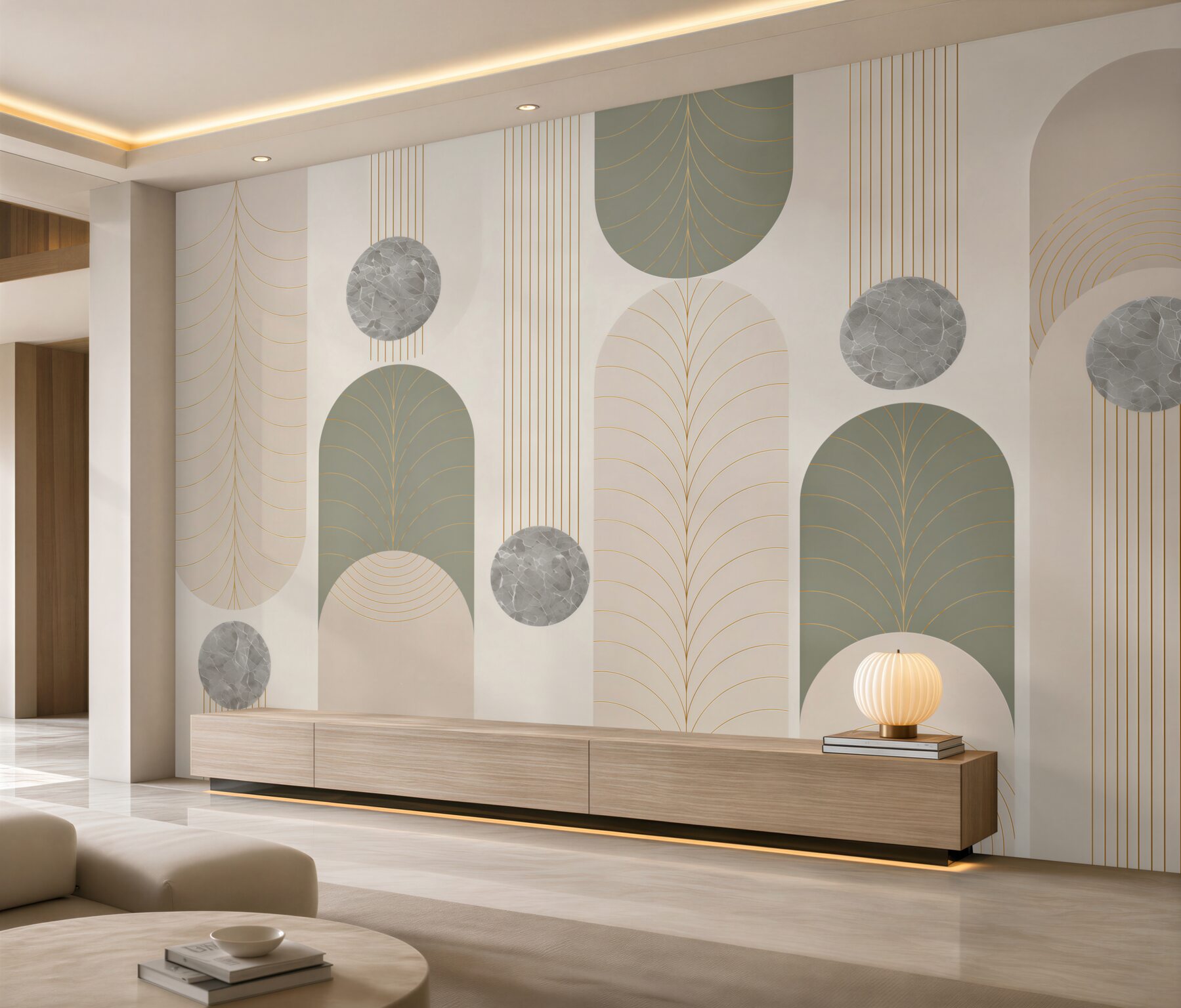 Fotobehang geometrische bogen art deco beige en grijs met goud
