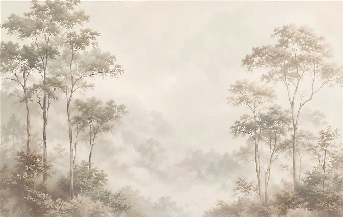 Fotobehang bos in de mist beige rustige landschap voor de woonkamer