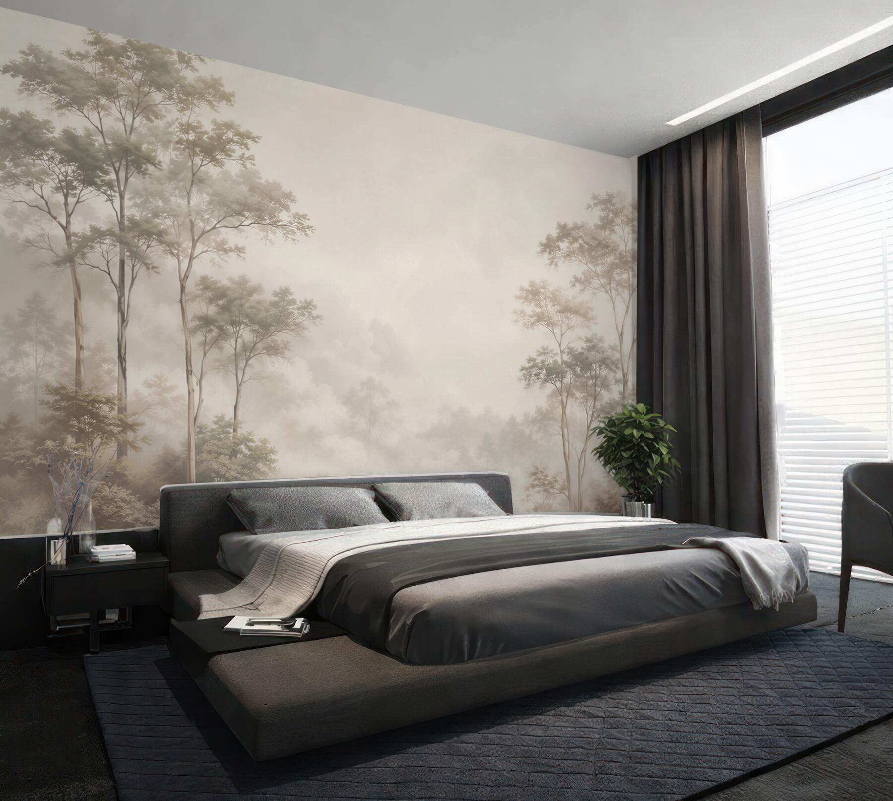 Fotobehang bos in de mist beige rustige landschap voor de woonkamer