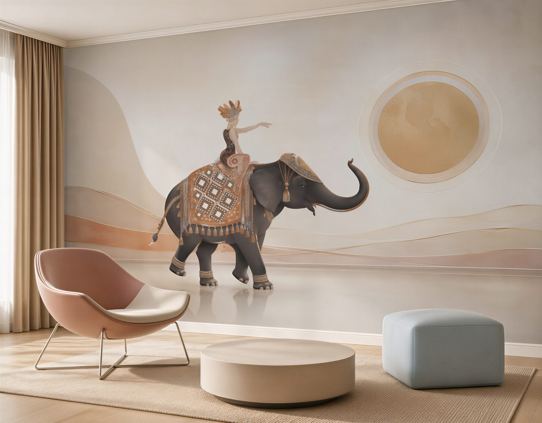 Fotobehang Indische olifant decoratief in etnische stijl beige