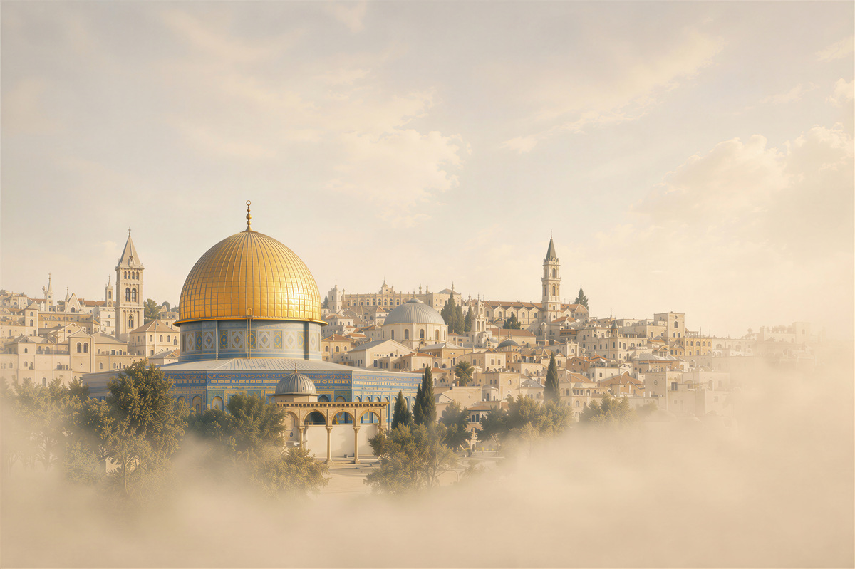 Fotobehang Jeruzalem met gouden koepel in lichte mist panoramisch