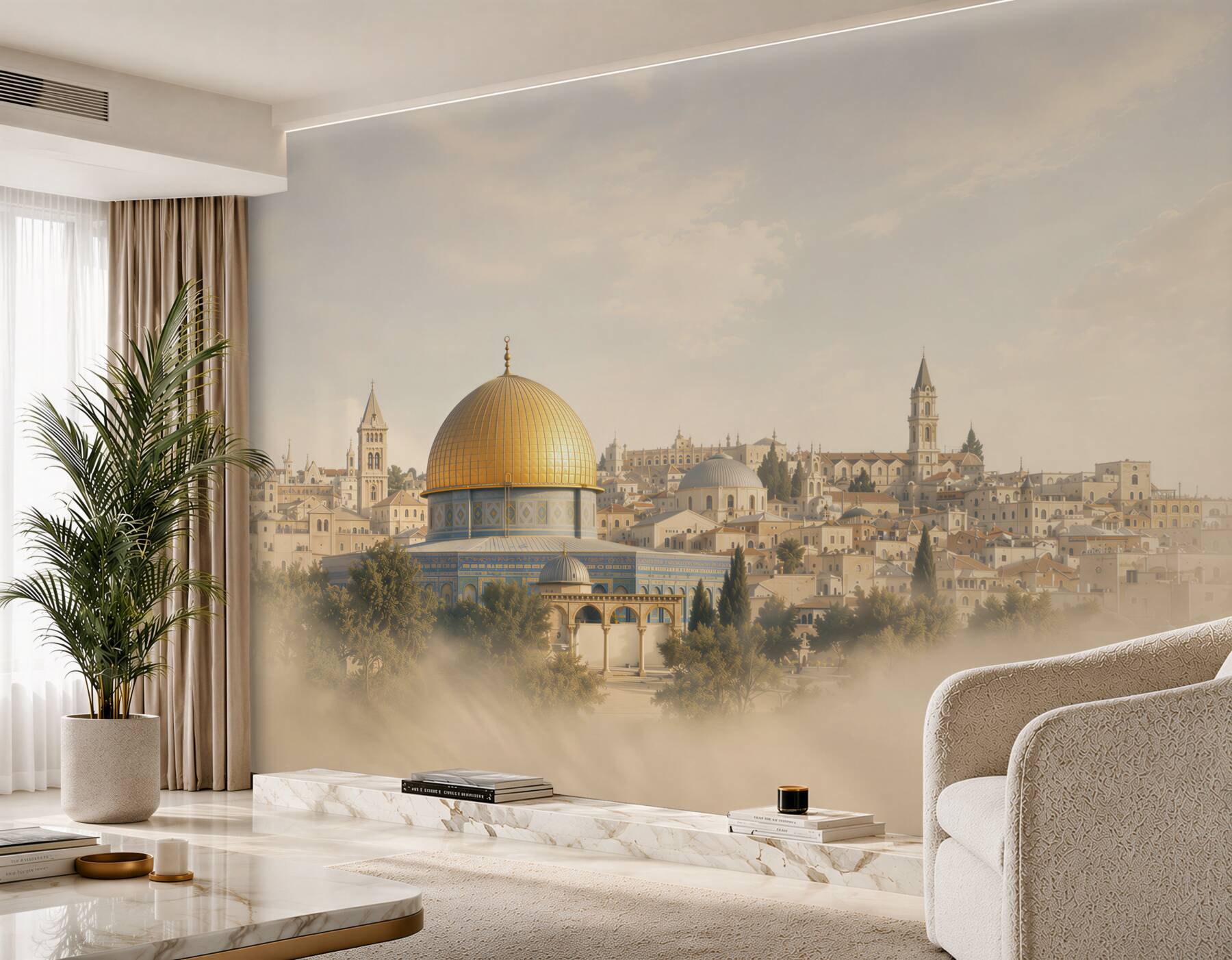 Fotobehang Jeruzalem met gouden koepel in lichte mist panoramisch