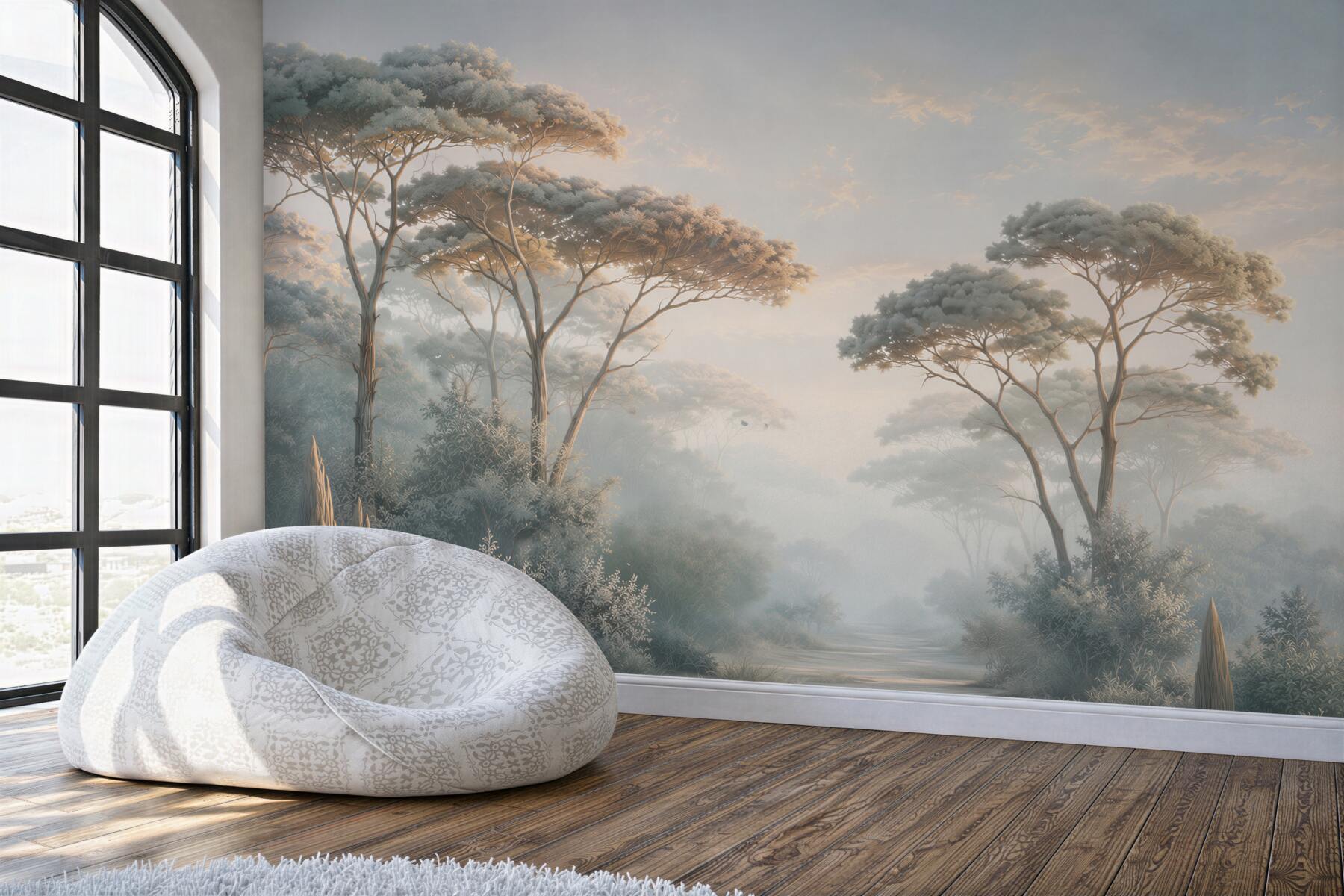 Fotobehang boslandschap in de mist met hoge bomen