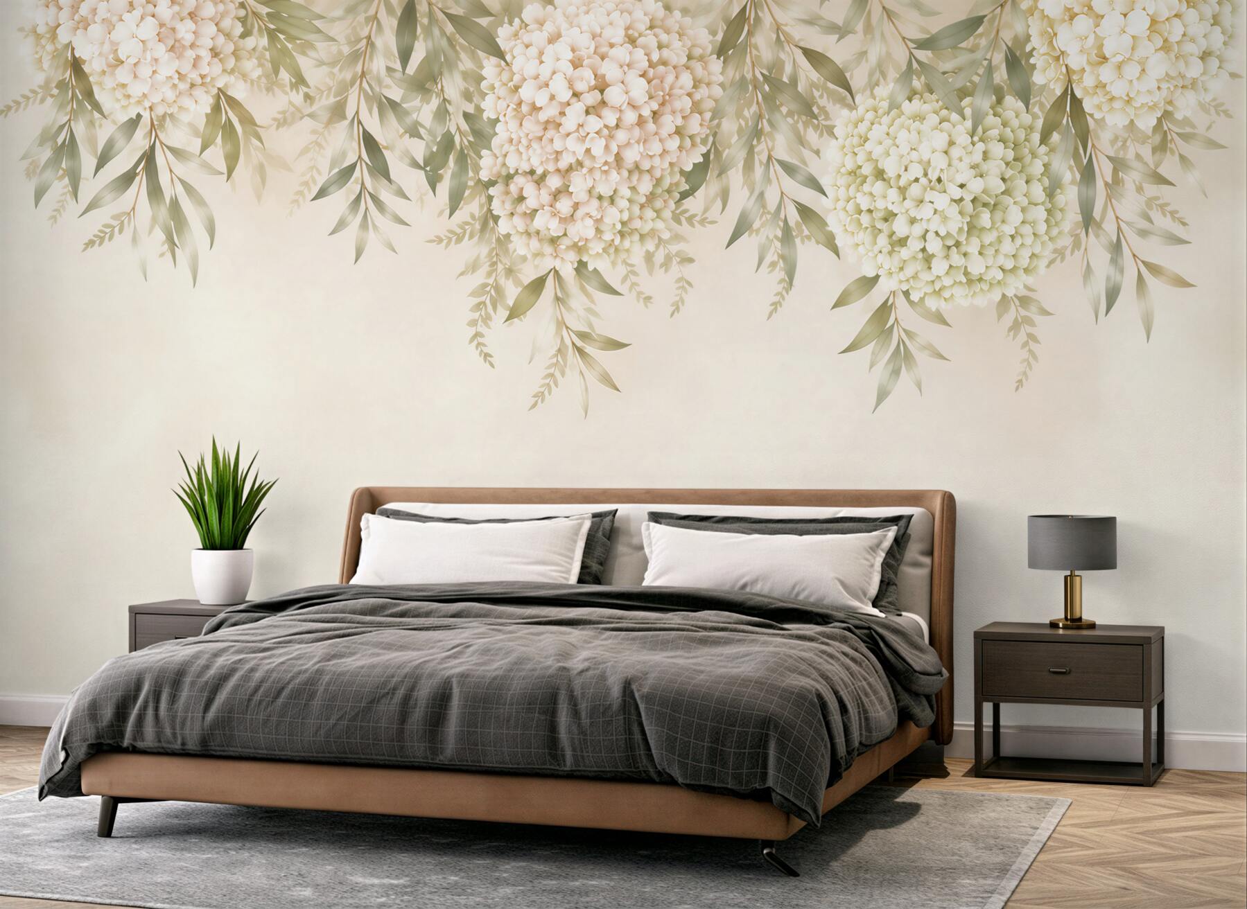 Fotobehang witte hortensia's met groene bladeren romantisch voor de slaapkamer