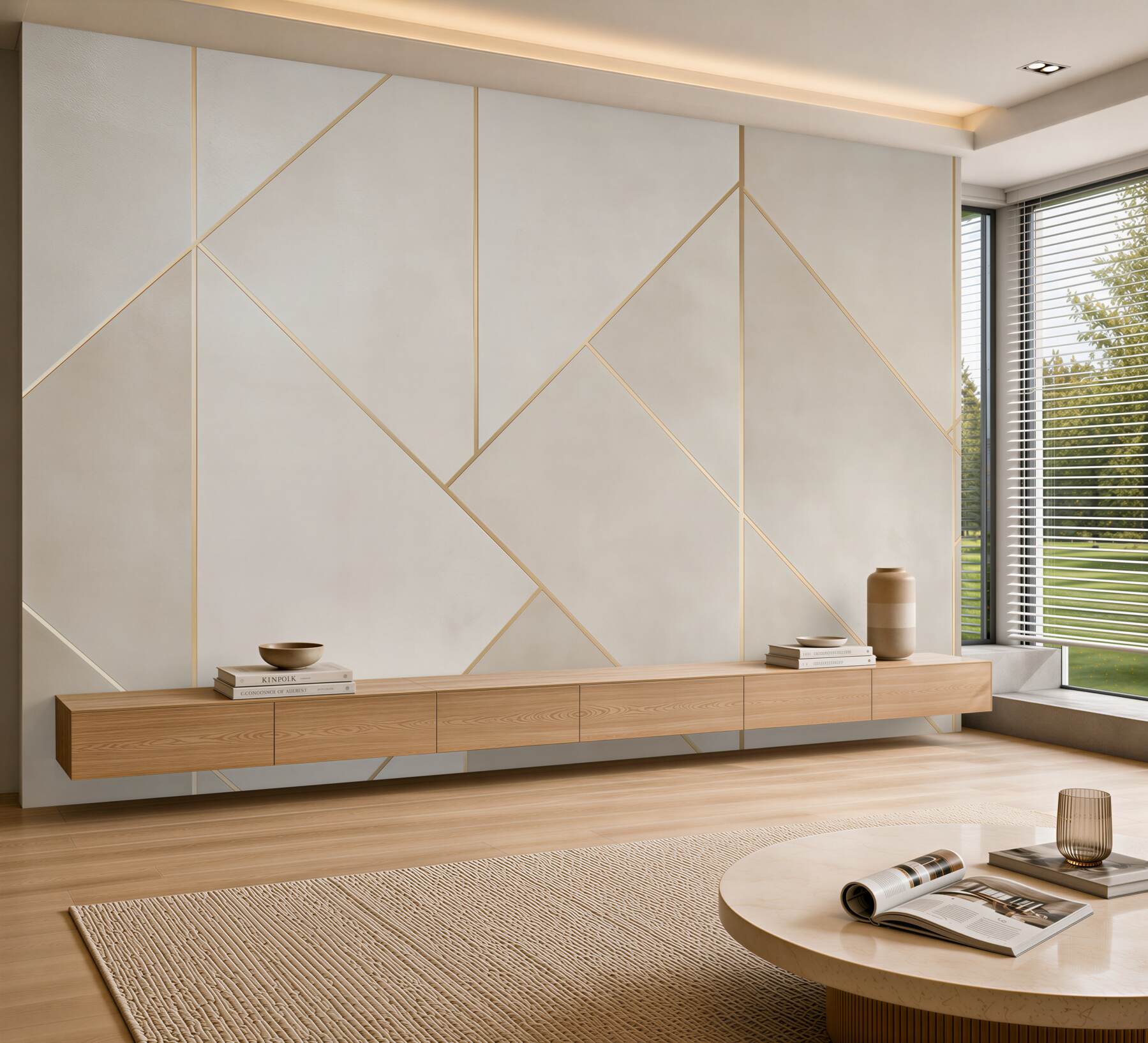Fotobehang geometrische gouden lijnen op een beige achtergrond modern