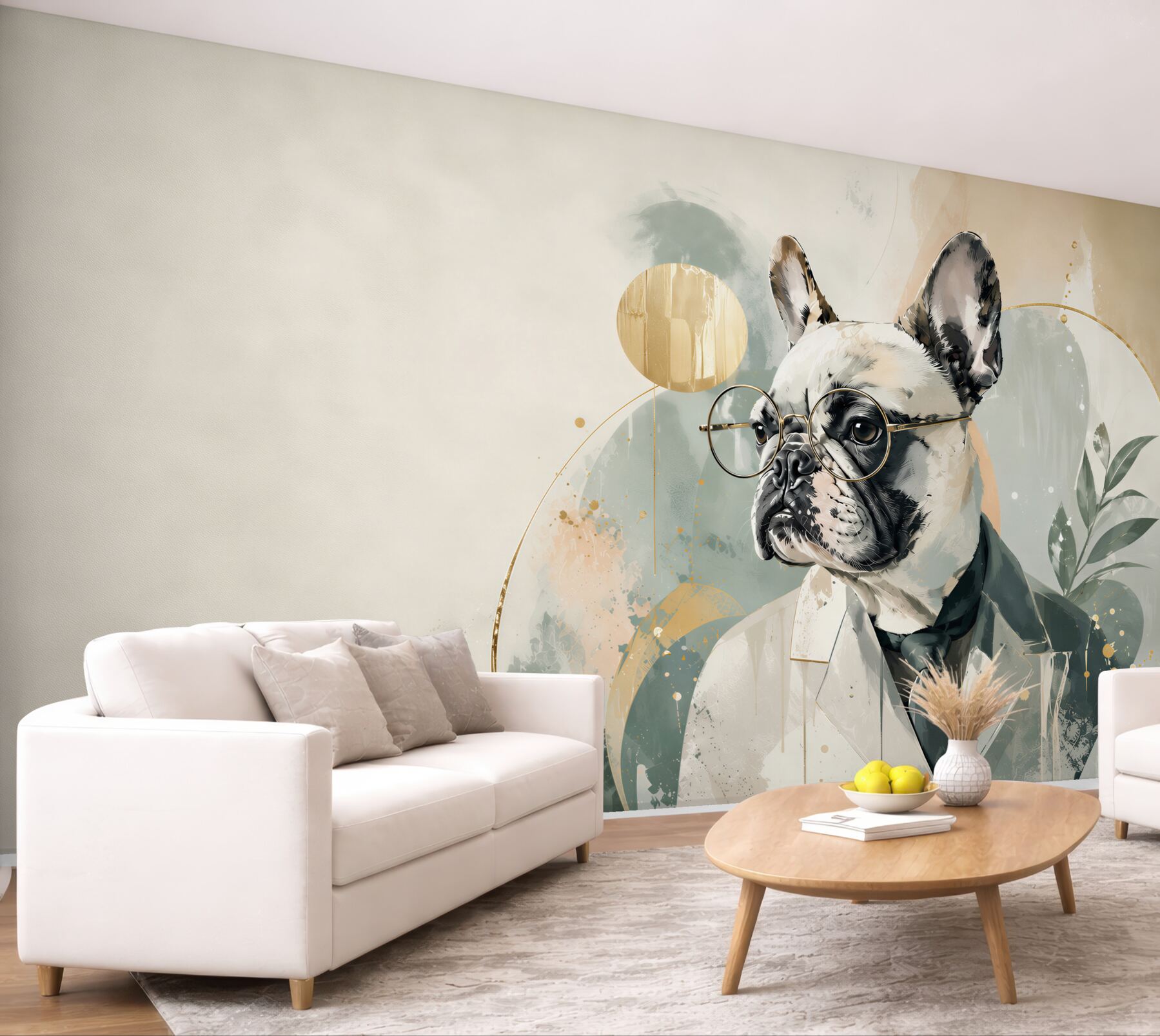 Fotobehang Franse bulldog in pak met bril modern portret