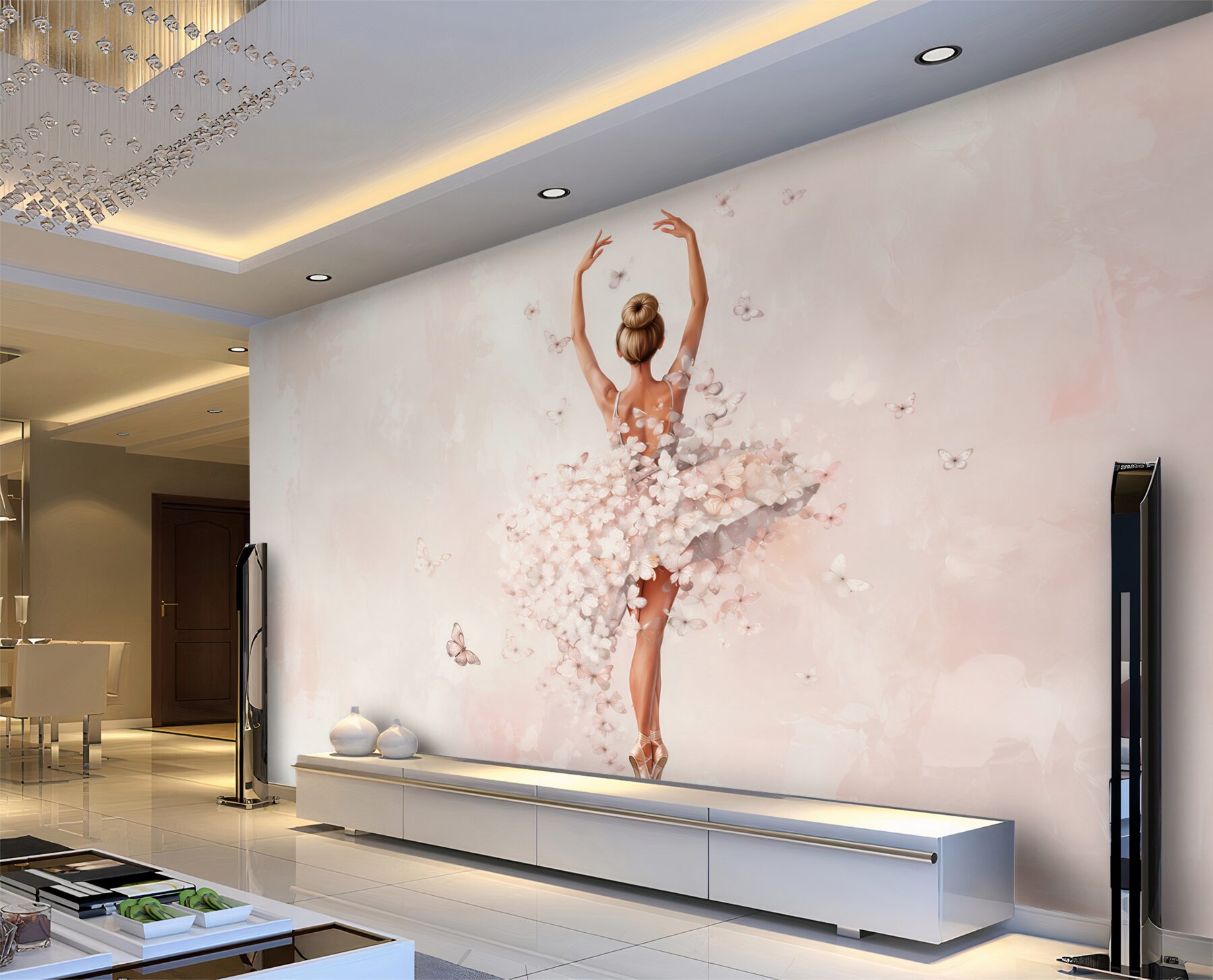 Fotobehang ballerina met vlinders in poederroze voor de meisjeskamer