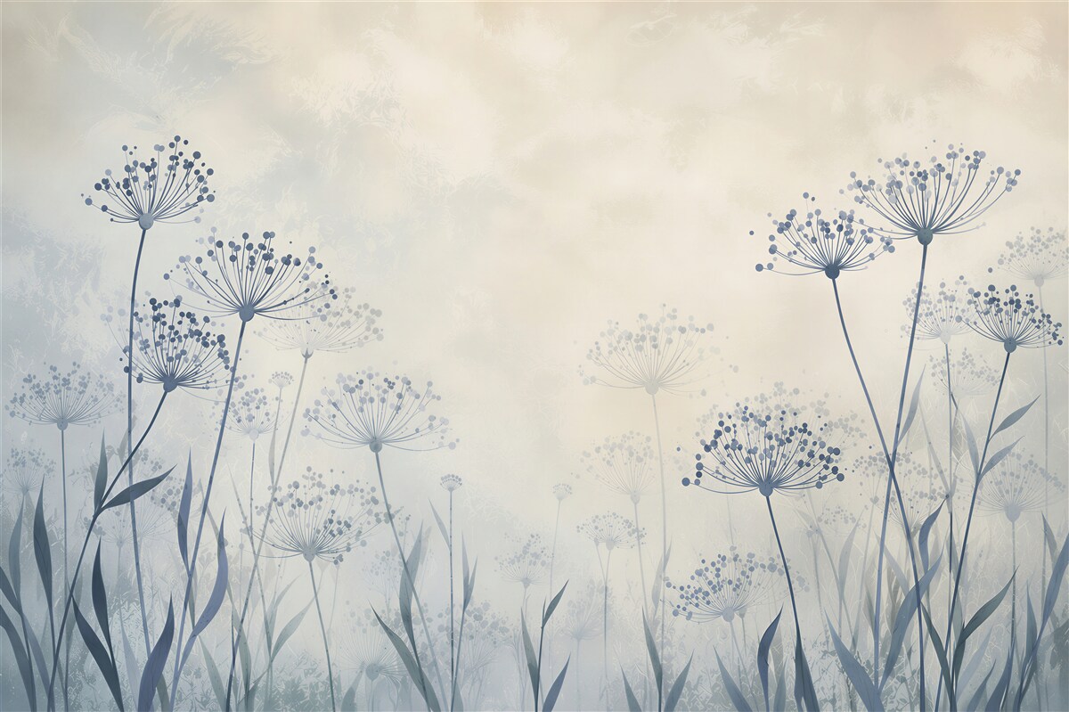 Fotobehang delicate paardenbloemen en gras in pastel blauw