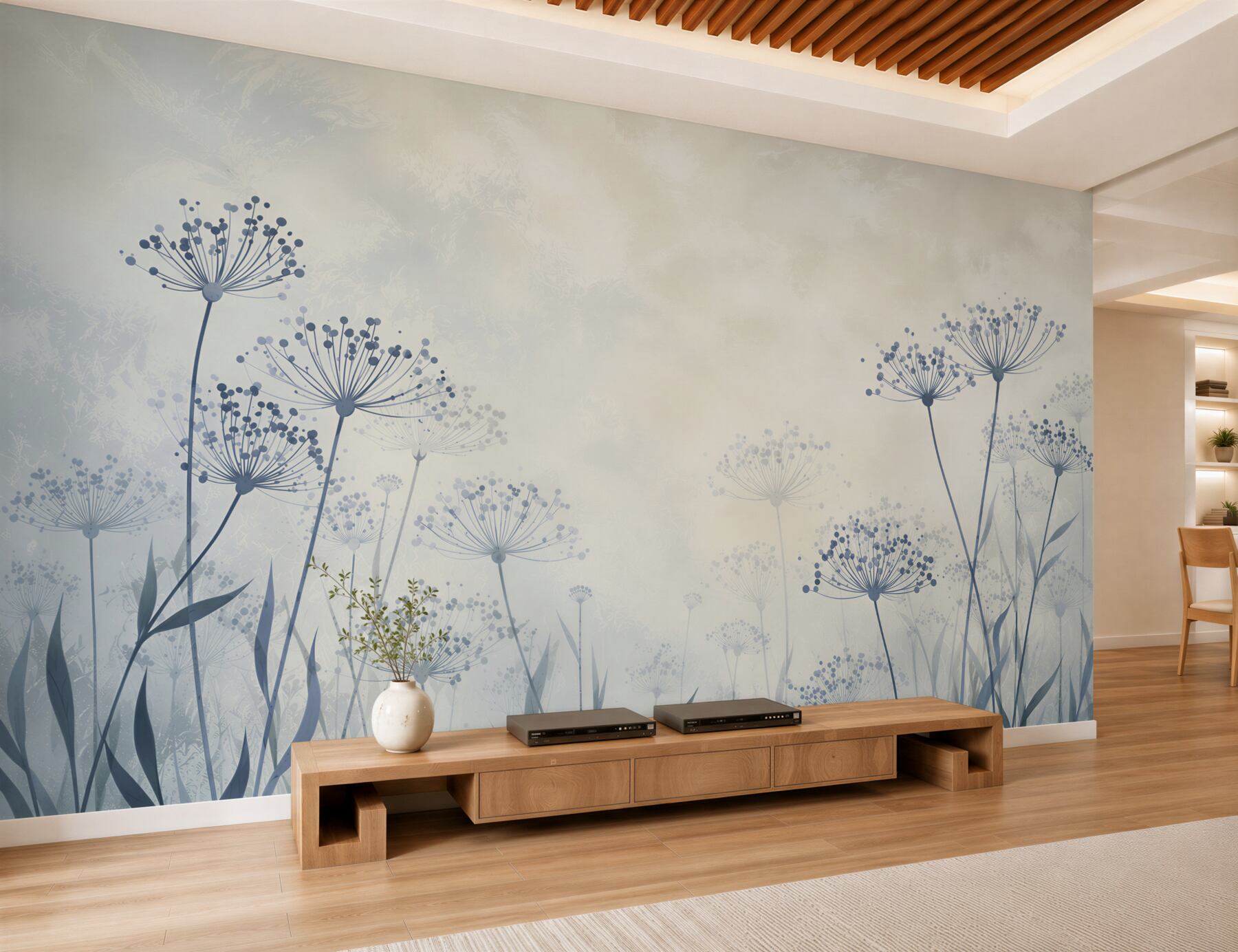 Fotobehang delicate paardenbloemen en gras in pastel blauw