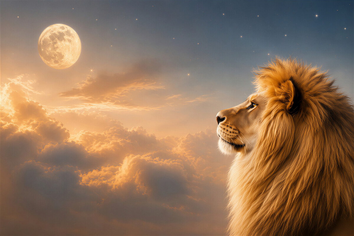 Fotobehang leeuw onder de maan in gouden wolken