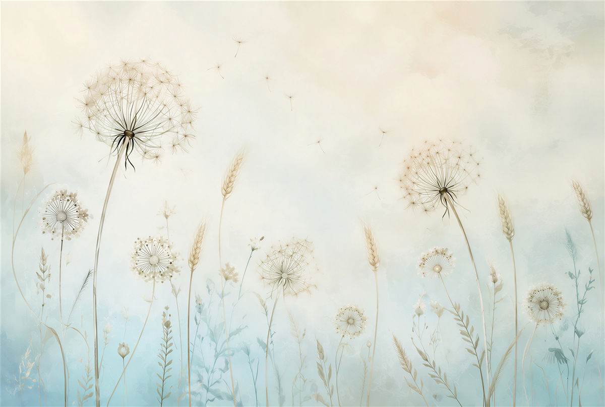 Fotobehang paardenbloemen en gras pastel blauw-beige voor rustige slaapkamer