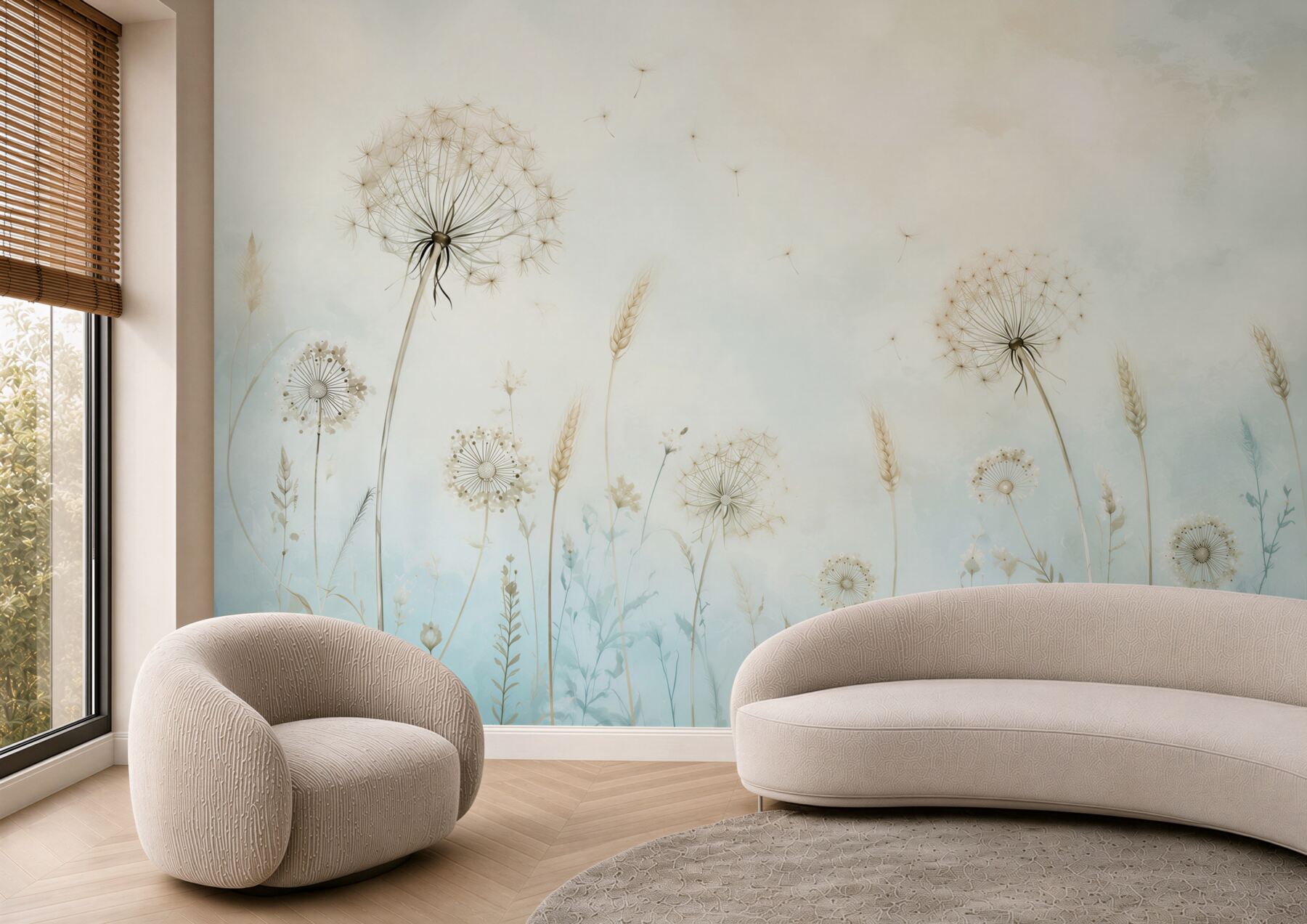 Fotobehang paardenbloemen en gras pastel blauw-beige voor rustige slaapkamer
