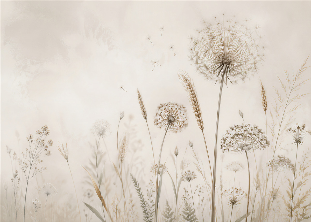 Fotobehang paardenbloemen en gras beige minimalistische weide voor de woonkamer