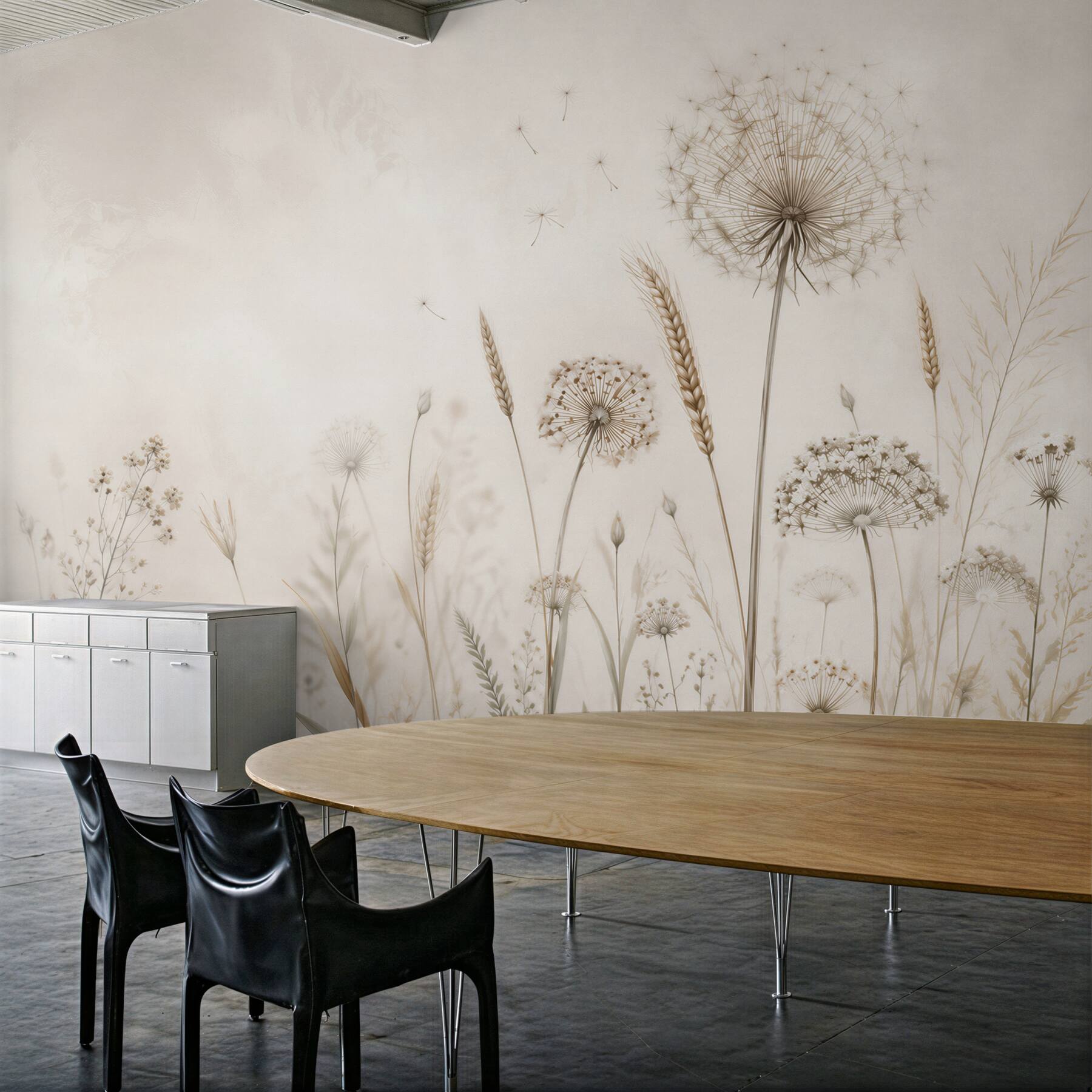 Fotobehang paardenbloemen en gras beige minimalistische weide voor de woonkamer
