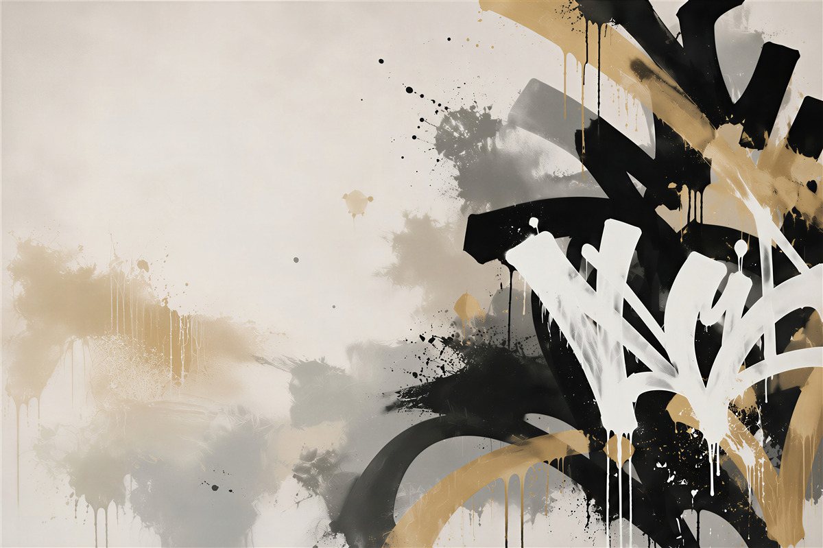 Fotobehang abstracte graffiti in zwart en goud in street art stijl