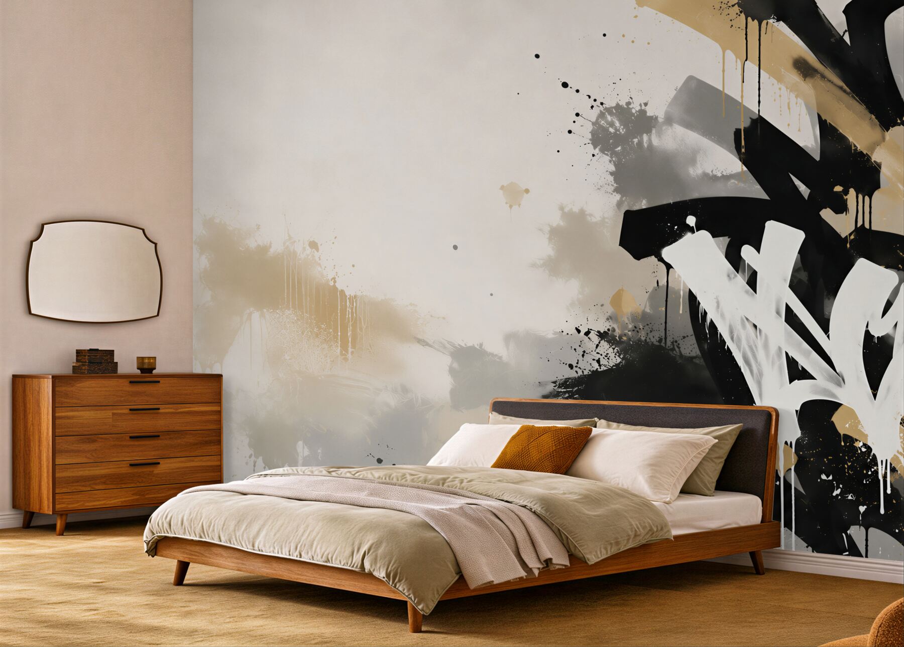 Fotobehang abstracte graffiti in zwart en goud in street art stijl