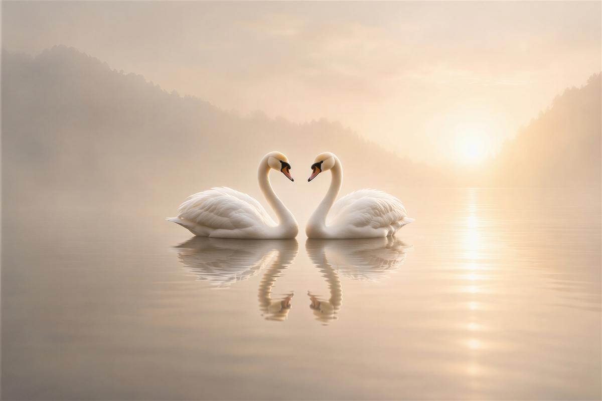 Fotobehang twee zwanen bij zonsopgang romantisch meer
