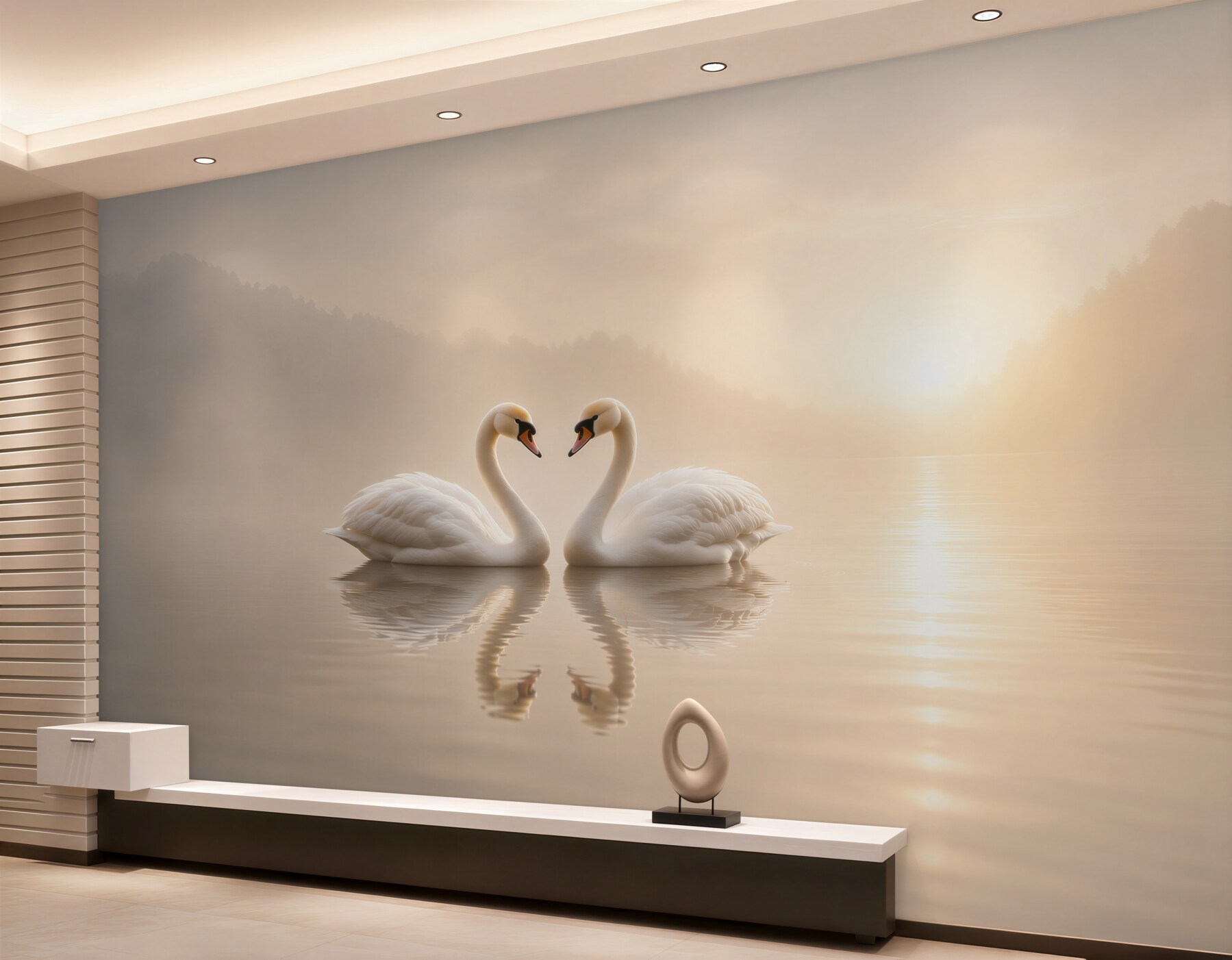 Fotobehang twee zwanen bij zonsopgang romantisch meer