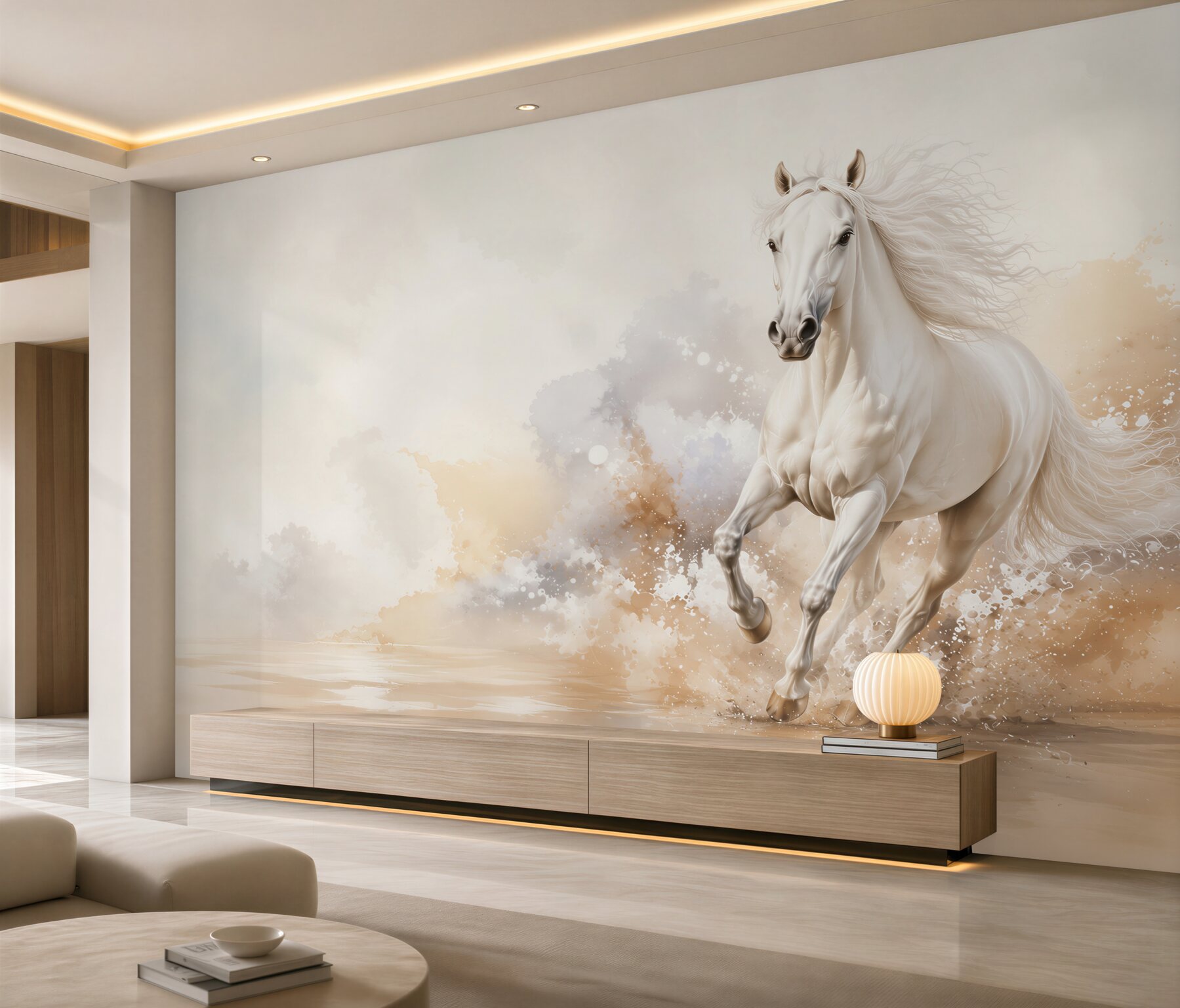 Fotobehang wit paard in galop op lichte achtergrond dynamische elegantie