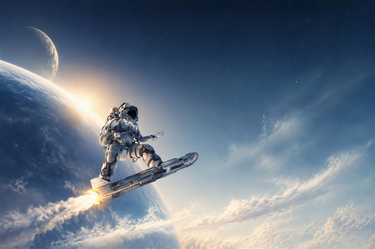 Fotobehang astronaut op een raket in de ruimte futuristisch avontuur