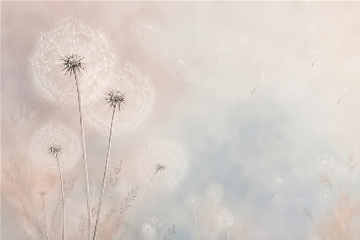 Fotobehang pastelgele paardenbloemen met delicate zaden