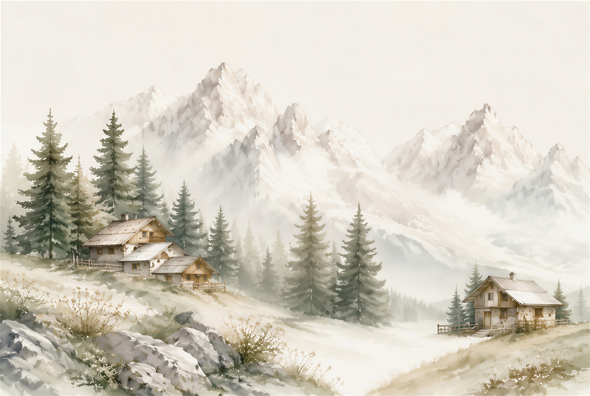 Fotobehang bergchalets en sparren in een helder alpien landschap