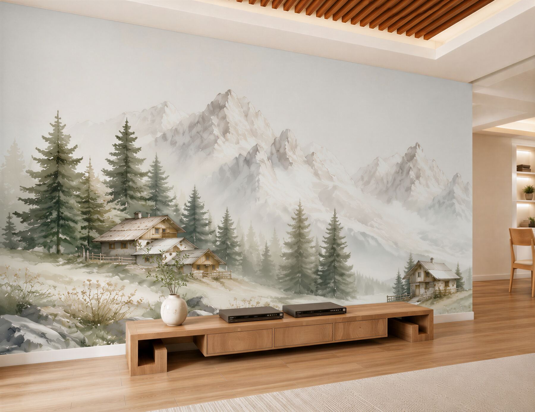 Fotobehang bergchalets en sparren in een helder alpien landschap