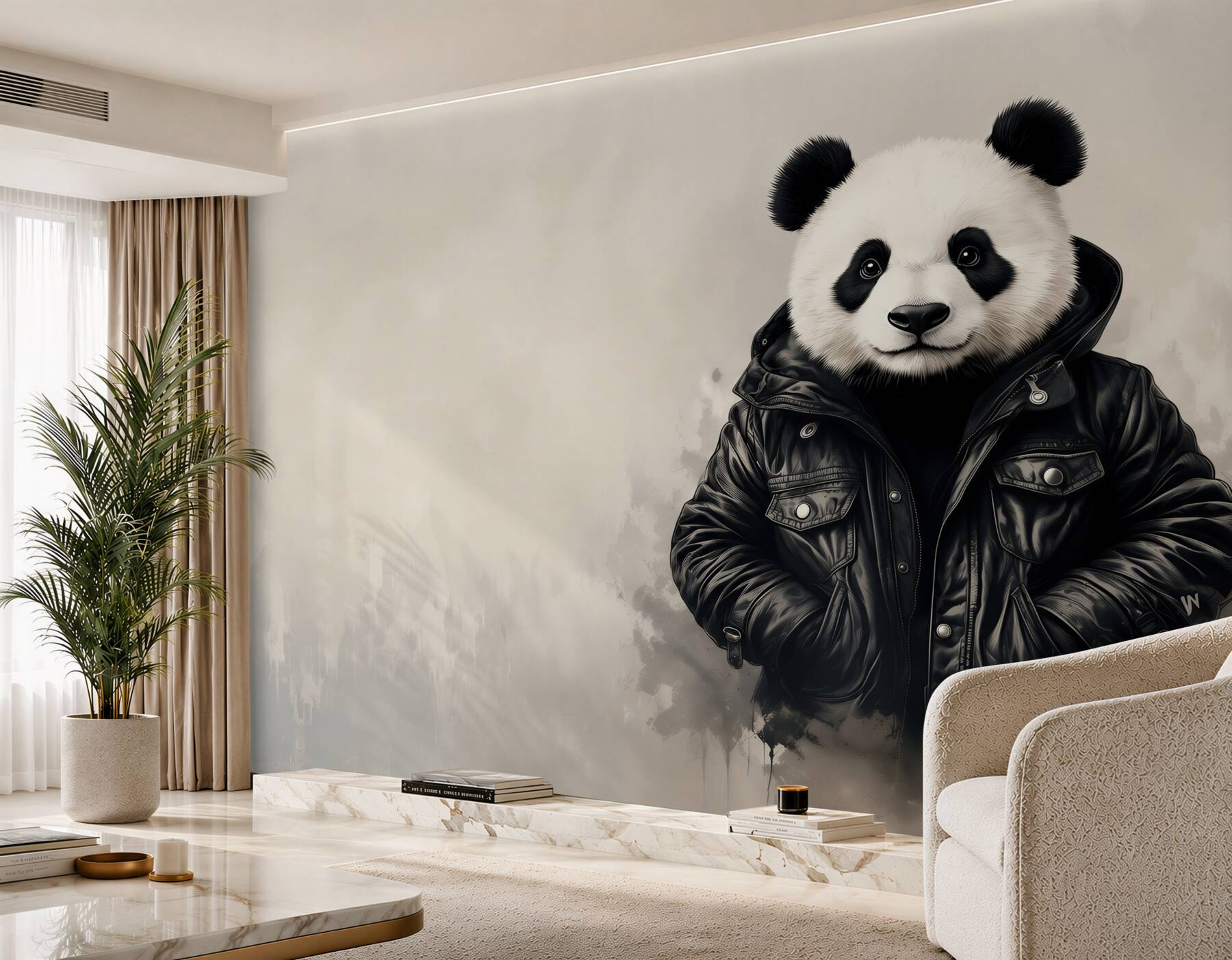 Fotobehang panda in zwarte jas moderne street art stijl