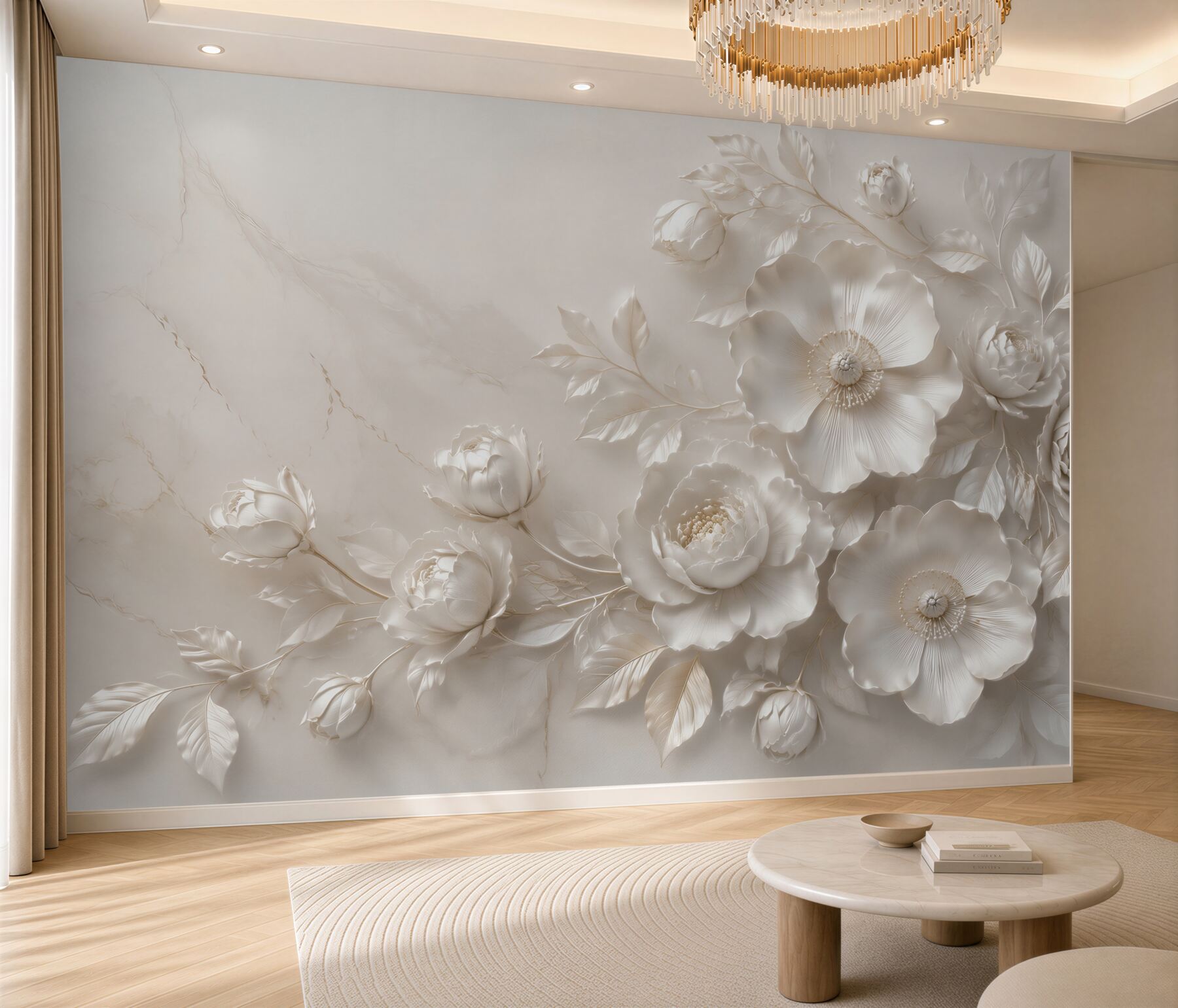Fotobehang witte 3D bloemen op lichte marmer elegante voor de slaapkamer