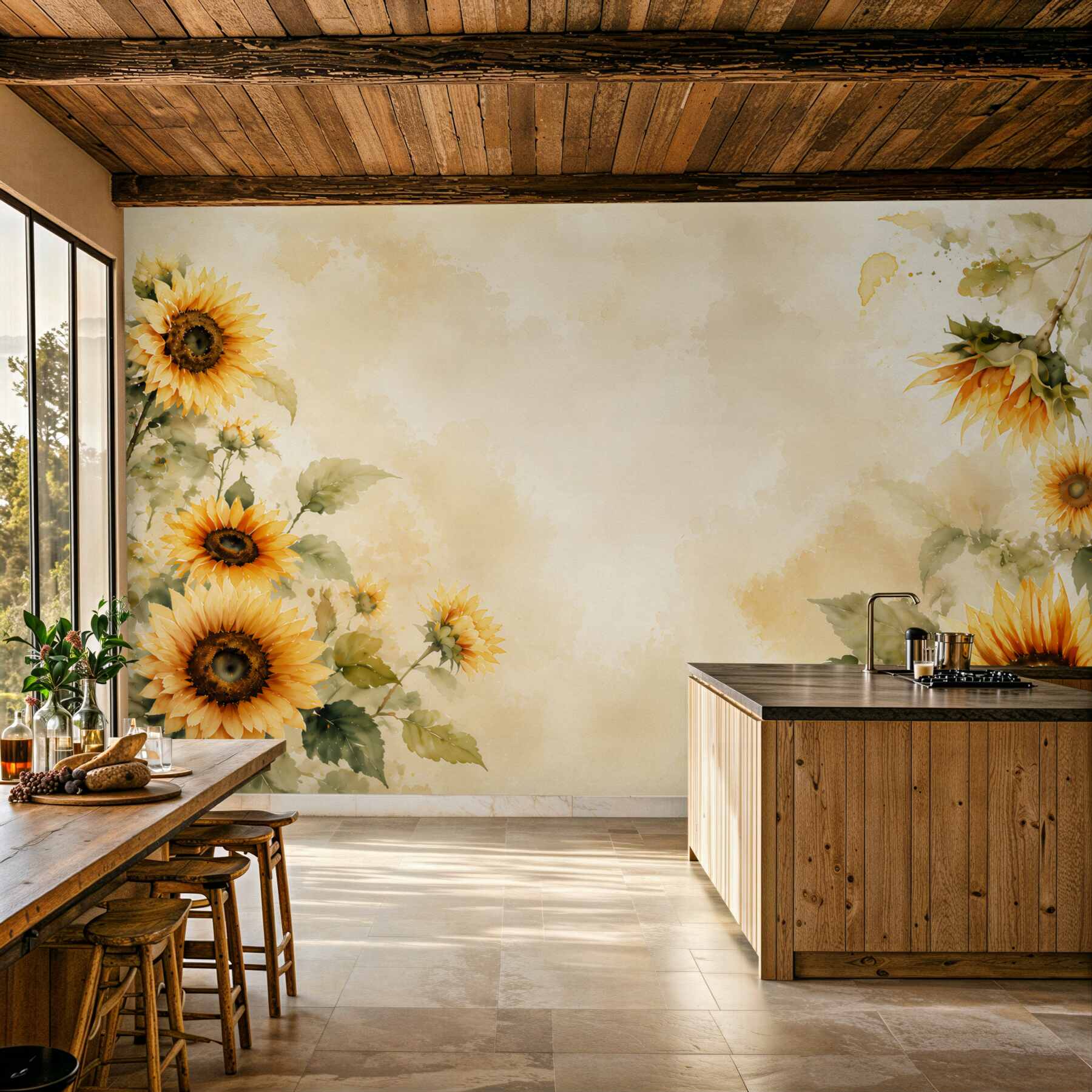 Fotobehang gele zonnebloemen op lichte rustieke achtergrond