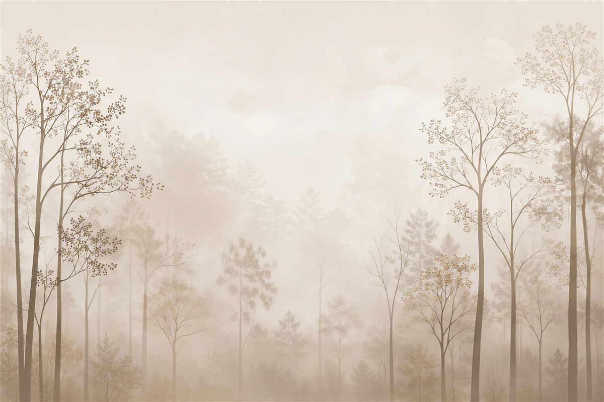 Fotobehang mistig bos in beige tinten rustige natuur