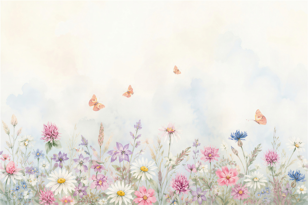 Fotobehang pastelachtige bloemenweide met vlinders en madeliefjes