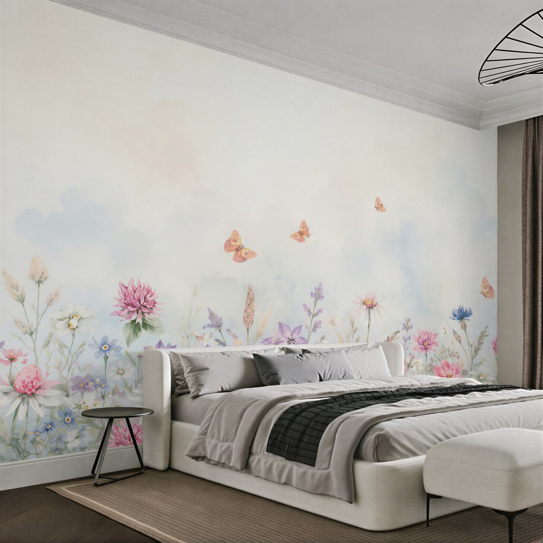 Fotobehang pastelachtige bloemenweide met vlinders en madeliefjes